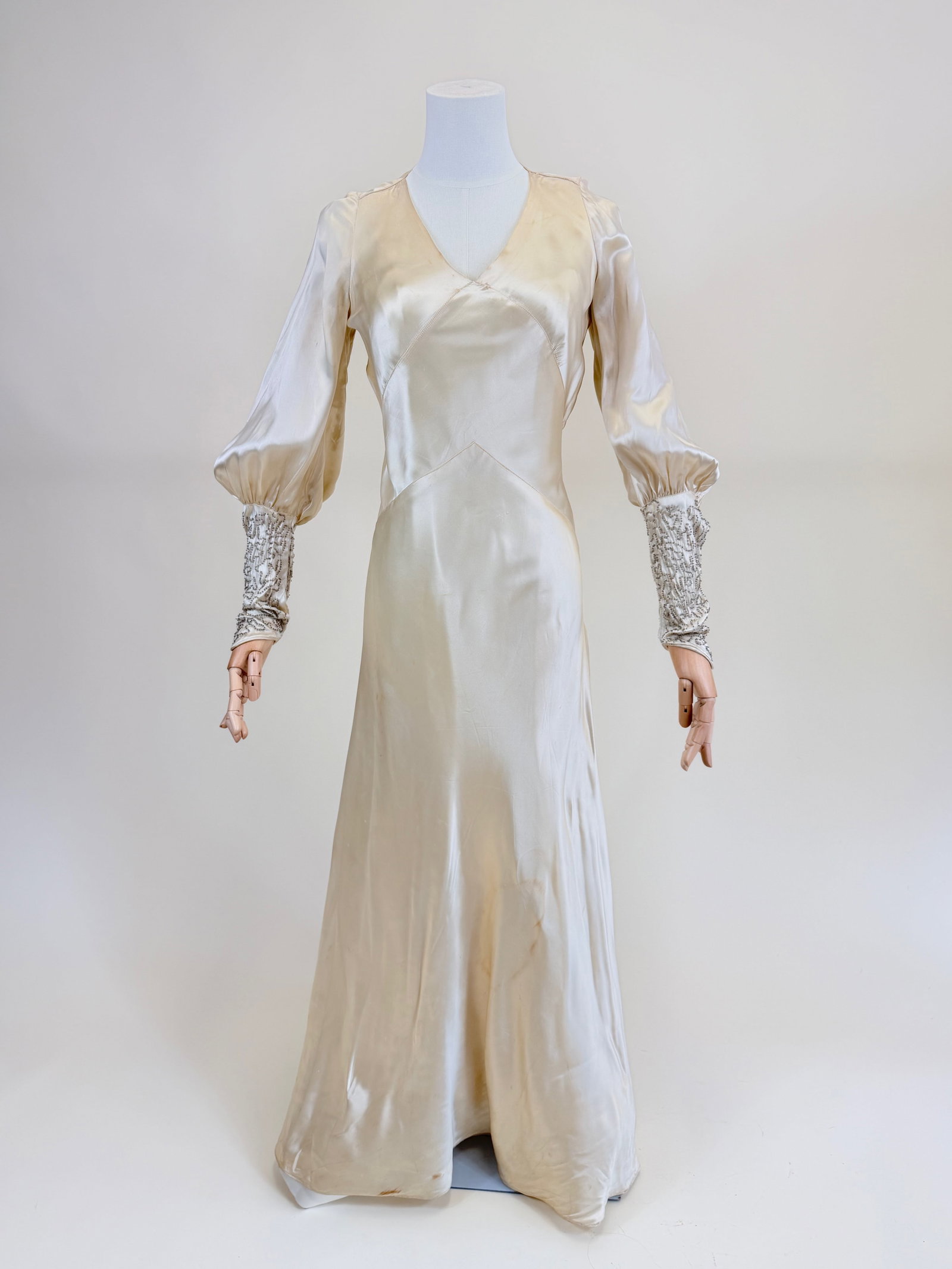VINTAGE EARLY 1930s WEDDING GOWN: B 29", W 26", staining, modified w/ zip at back, small wear/holes, see photos