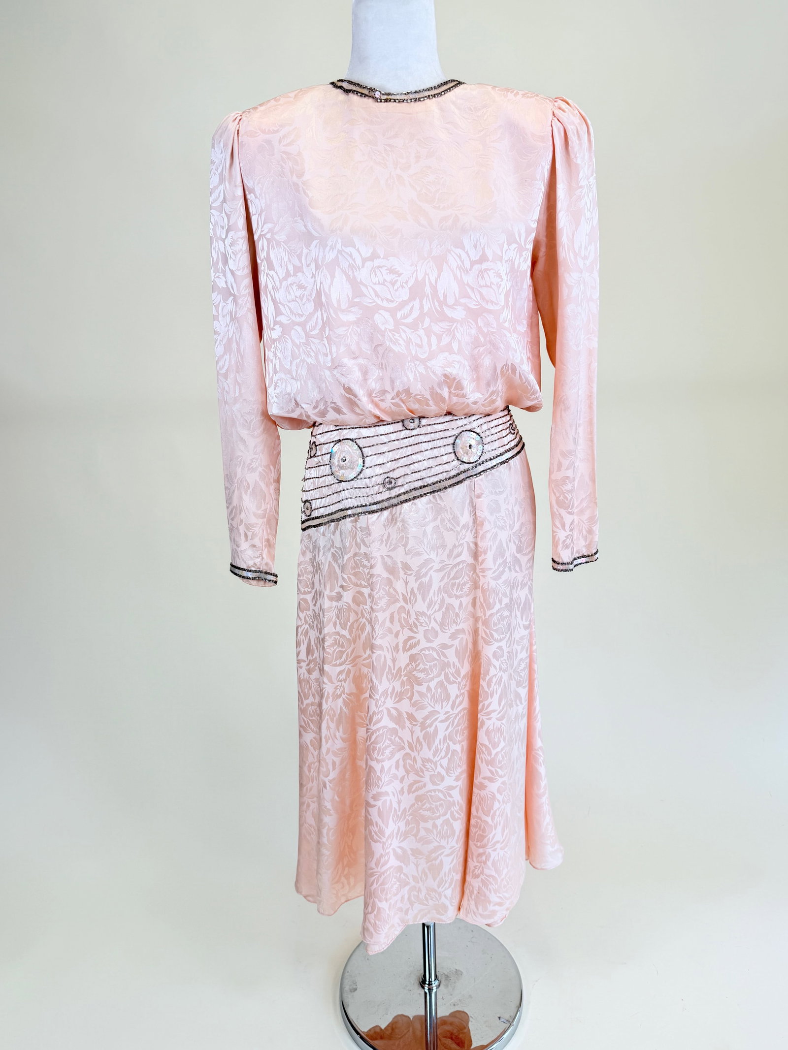 VINTAGE 1980s BEADED PATTERNED SILK PARTY DRESS: B 40", W 29", missing 1 button, minor bead loss, see photos