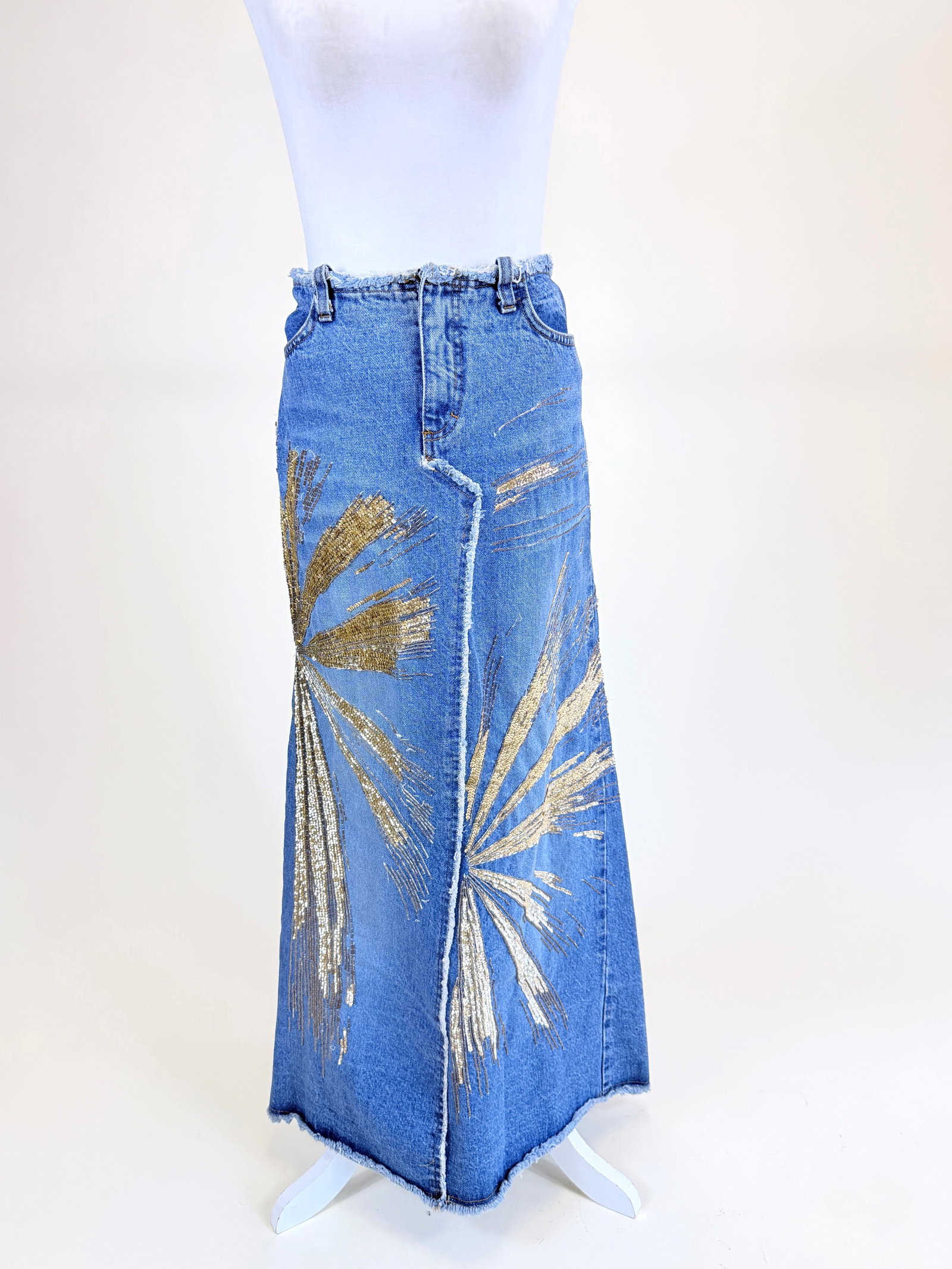 ITALIAN EMBROIDERED DENIM SKIRT: W 30", L 36"-38", some bead loss, see photos
