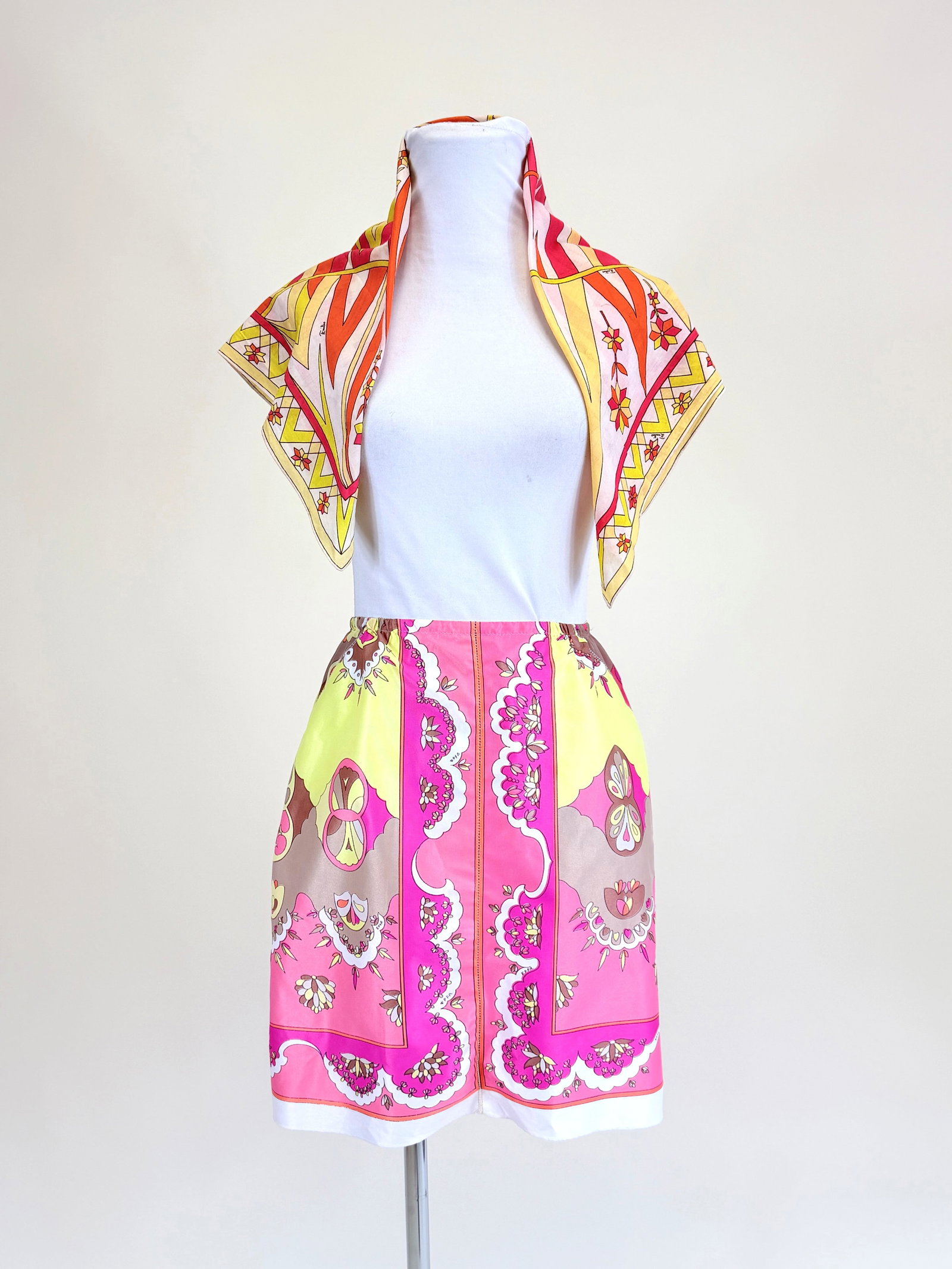 EMILIO PUCCI PRINTED SCARF & MINISKIRT: Scarf 27", skirt W up to 33", L 17.5", light stains, see photos