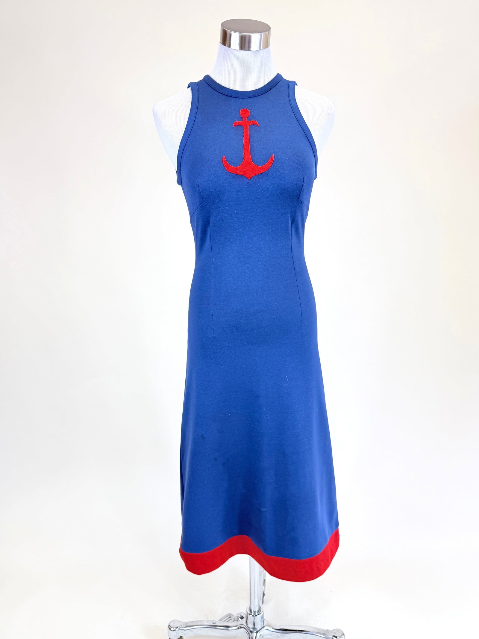 VINTAGE 1970s NAUTICAL HALTER DRESS: B 32", W 26", some wear at neckline & underarms, see photos