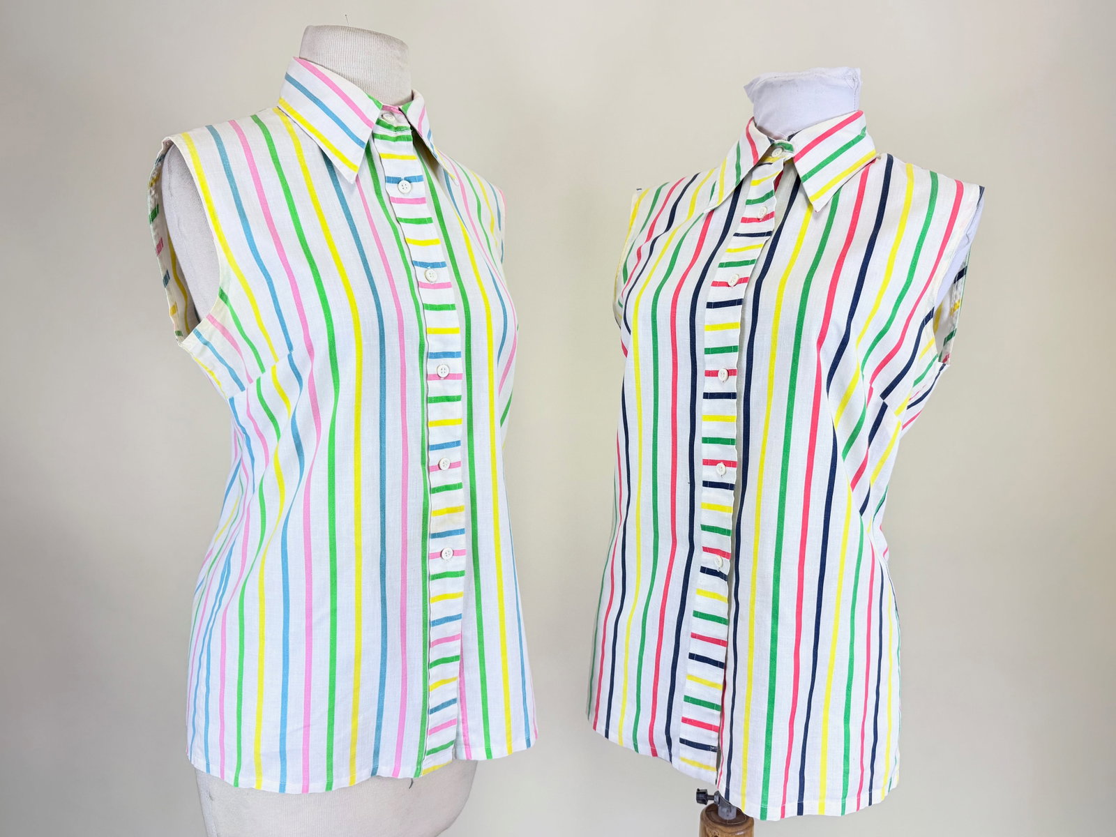 TWO VINTAGE 1960s/70s STRIPED SLEEVELESS BUTTON-UPS (1 of 5)