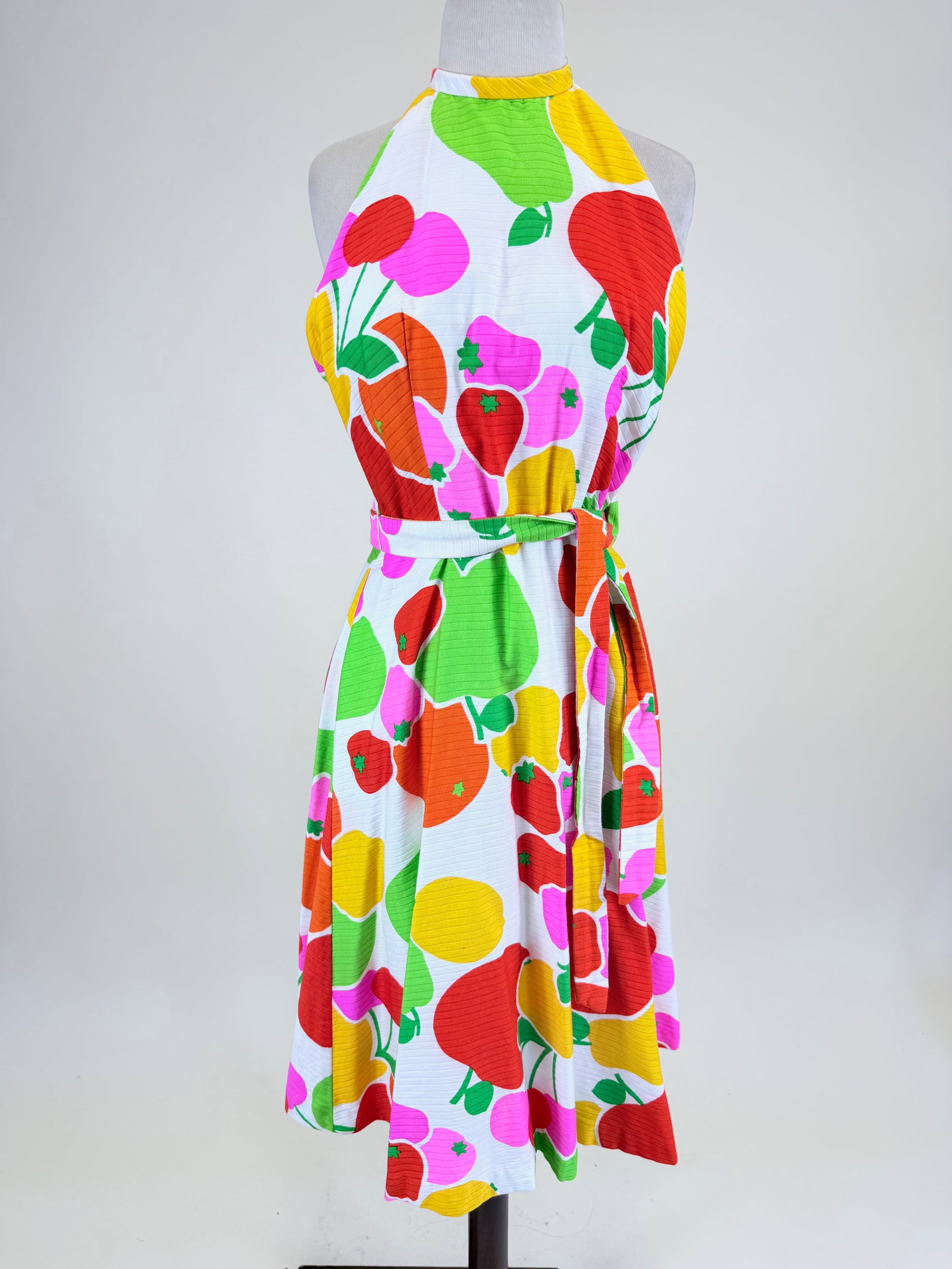 VINTAGE 1970s MALIA HONOLULU HALTER WRAP DRESS: B 34", W up to 30", interior elastic waistband worn/detaching, few light spot stains, see photos