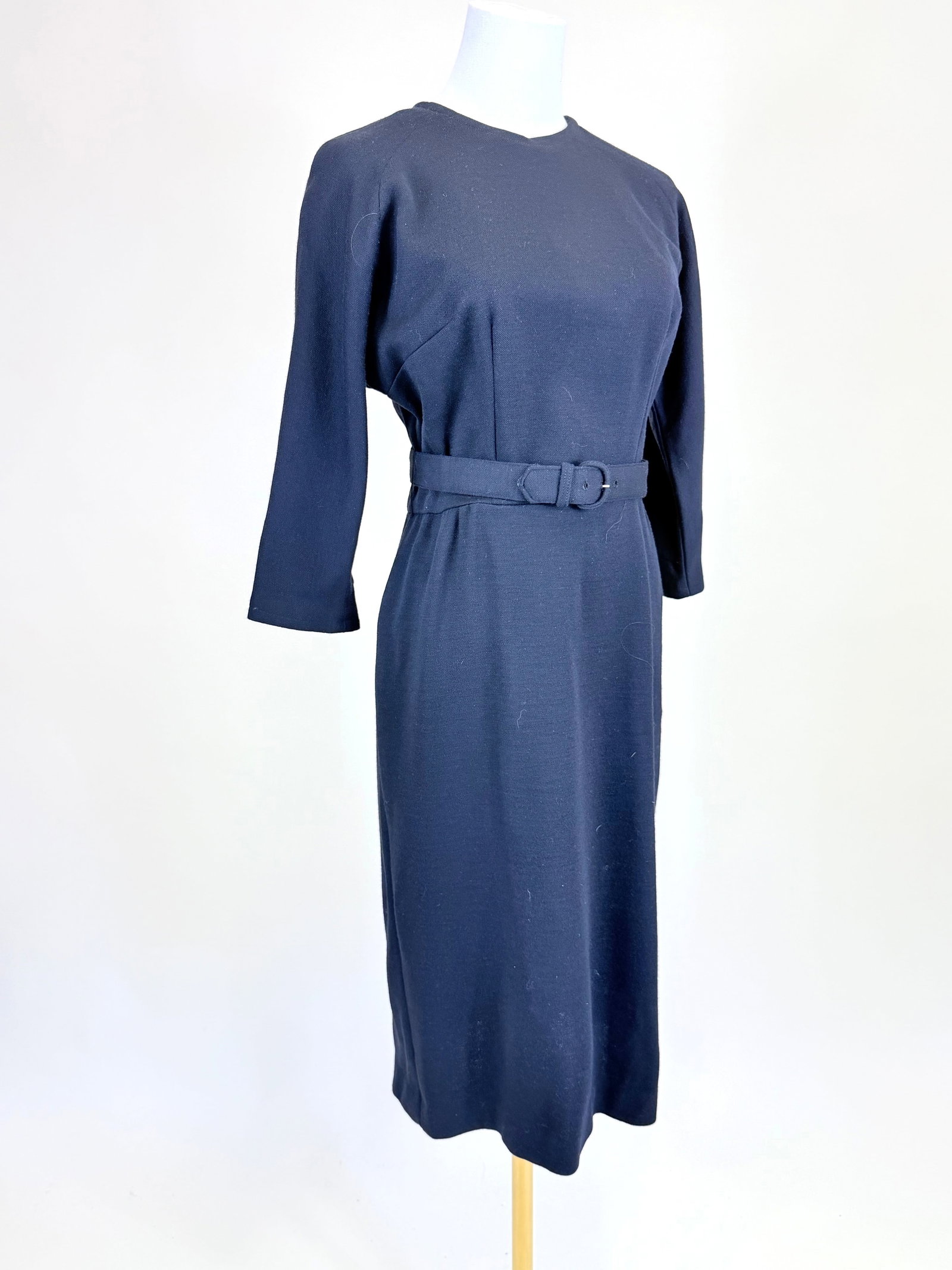 VINTAGE LATE 1950s WOOL DRESS: w/ original belt, B 38", W 26", belt warping, see photos