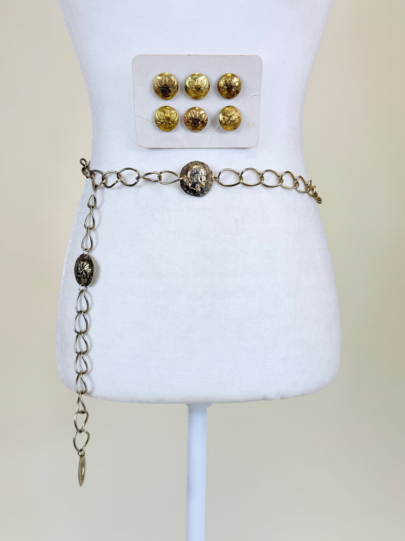 WWI ERA ARMY UNIFORM BUTTONS & IMITATION GREEK COIN CHAINLINK BELT: Six Army buttons stamped "C. Kenyon Co. New York", tarnish, see photos