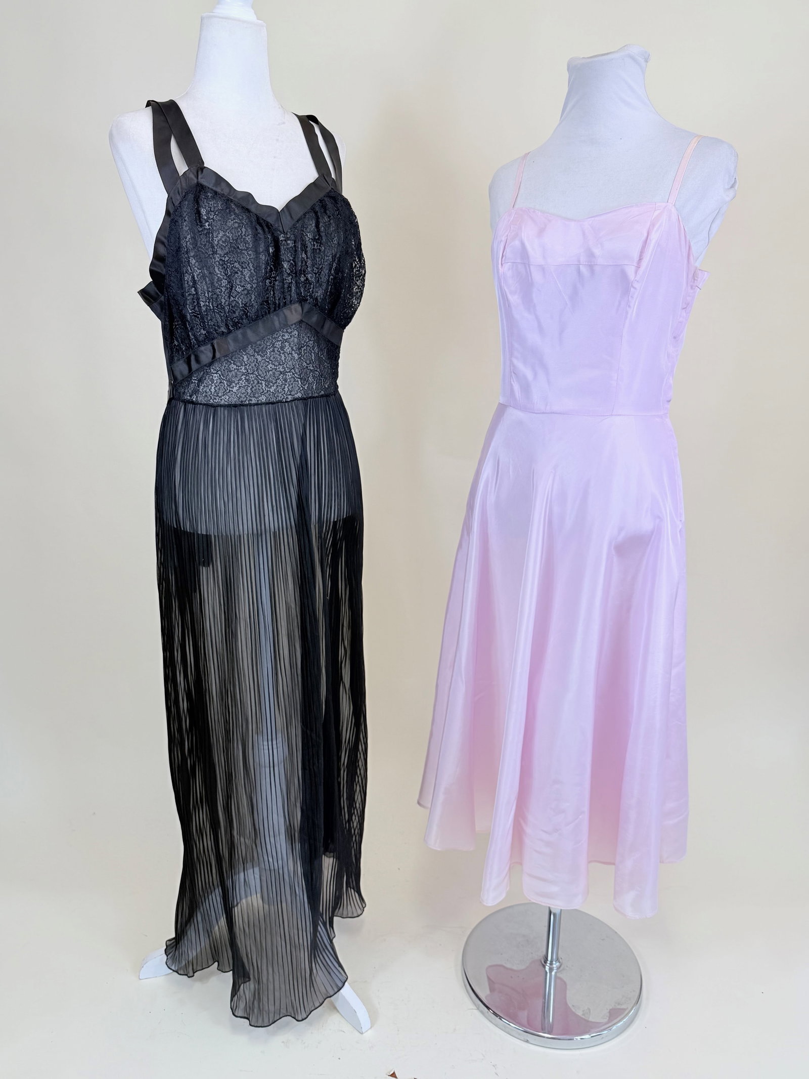 TWO VINTAGE 1950s/60s SLIPS: Black B 38", W 29", lilac B 34", W 27", some fading/fraying to SH straps, see photos