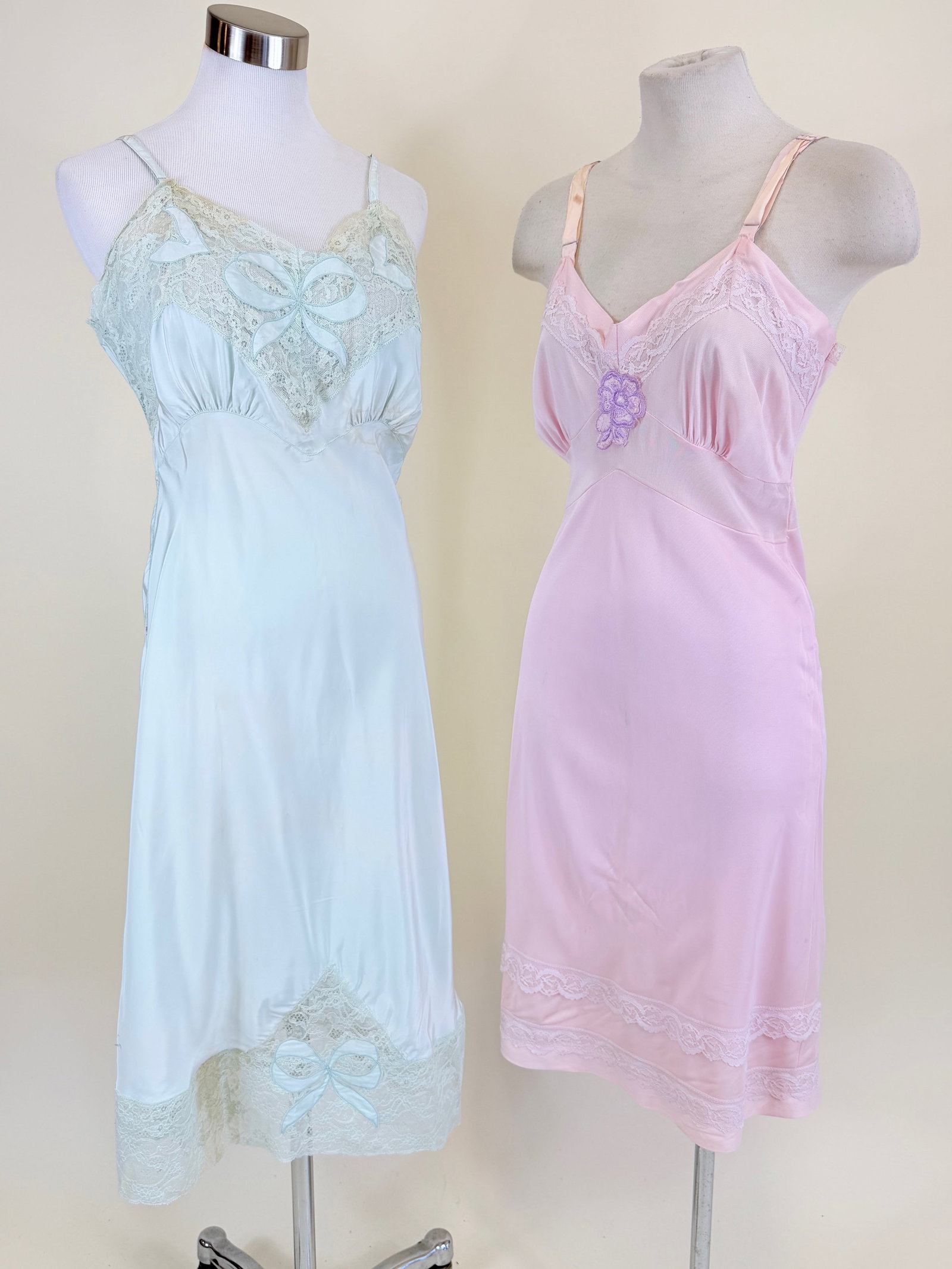 TWO VINTAGE 1950s/60s SLIPS: Blue B 38", W 30", light staining, pink B 36", W 29", fading to SH straps, see photos