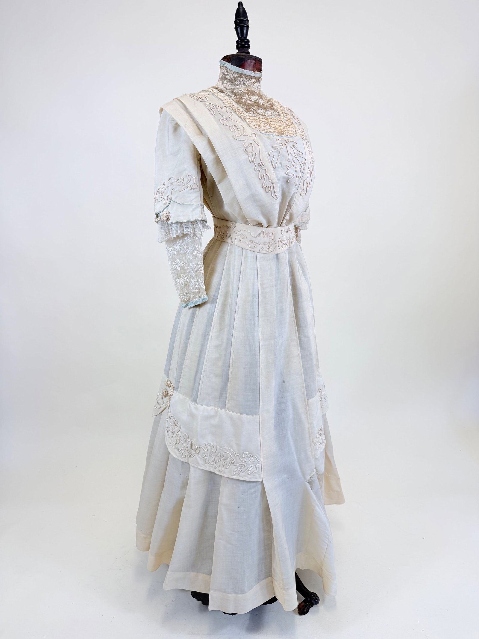 ANTIQUE c. 1908 SOUTACHE EMBELLISHED WOOL DAY DRESS: B 35", W 21", china silk yoke insertion damaged, large tears to left skirt, few smaller holes scattered, see photos