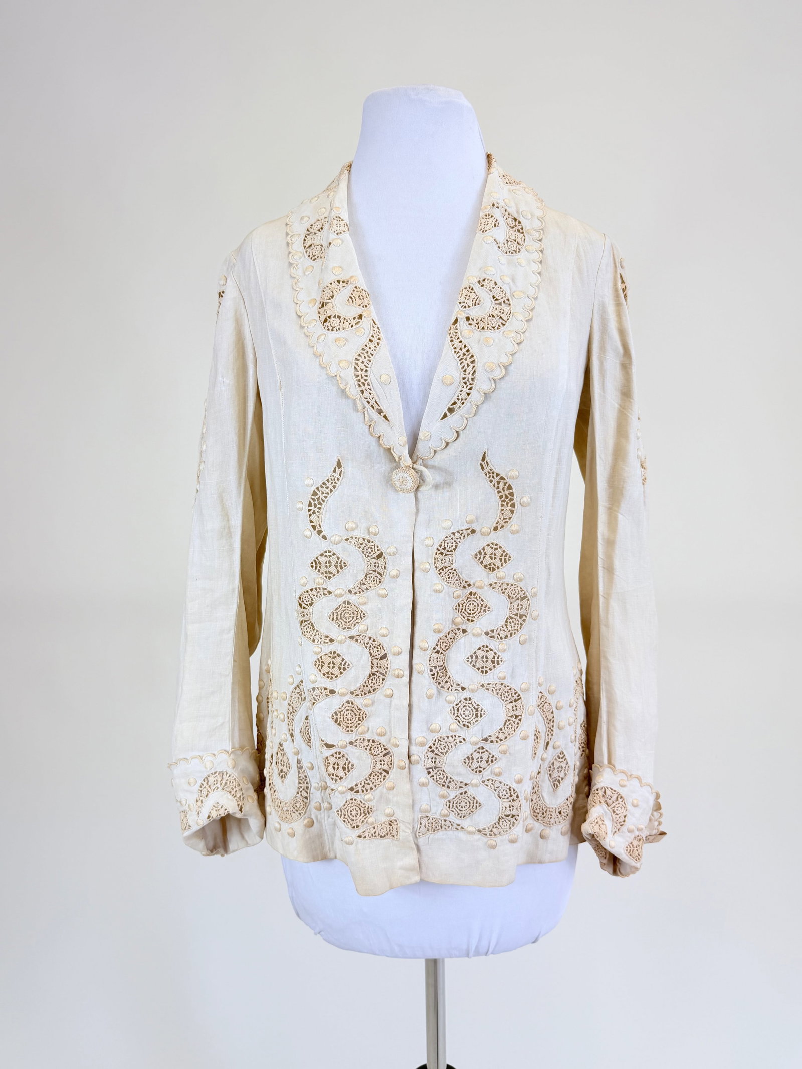 ANTIQUE EDWARDIAN LINEN JACKET: w/ cutwork, handmade lace insertions & embroidery, SH-SH 18", L 24"