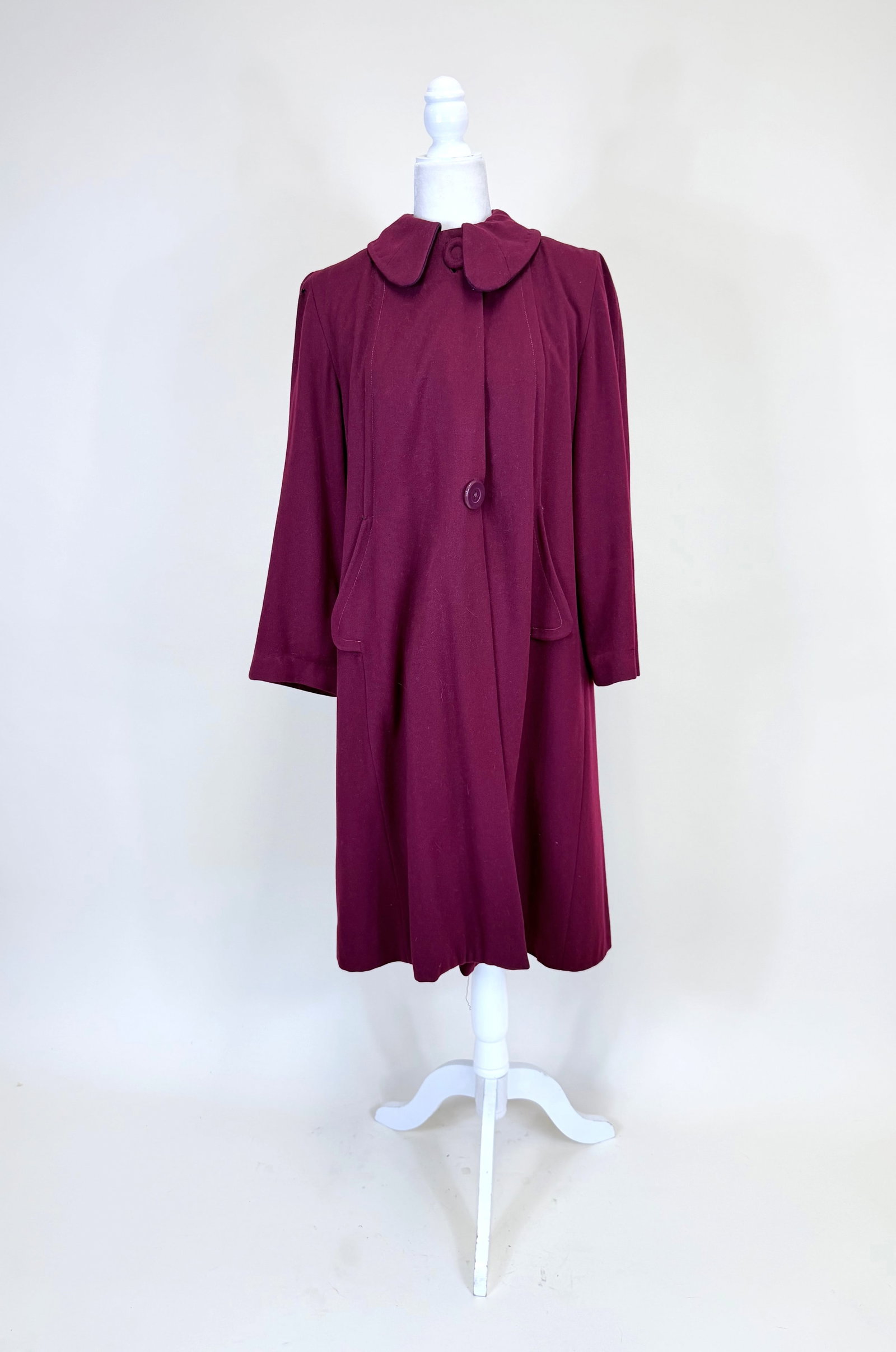 BURGUNDY WOOL SWING COAT, 1950s - 2