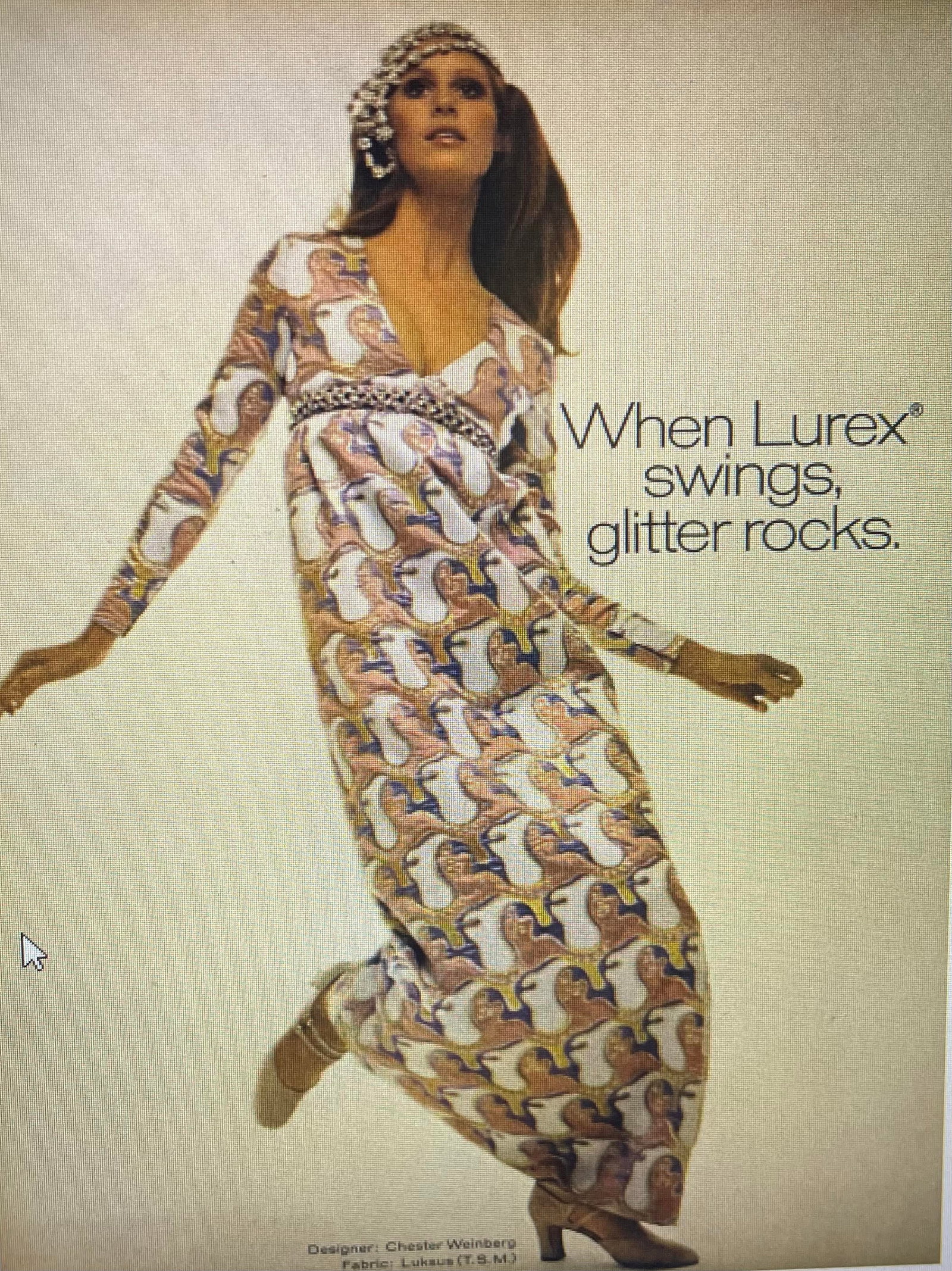 CHESTER WEINBERG LAME' EVENING GOWN, 1960s: B 34", W 27", discoloration, pulls, see photos.