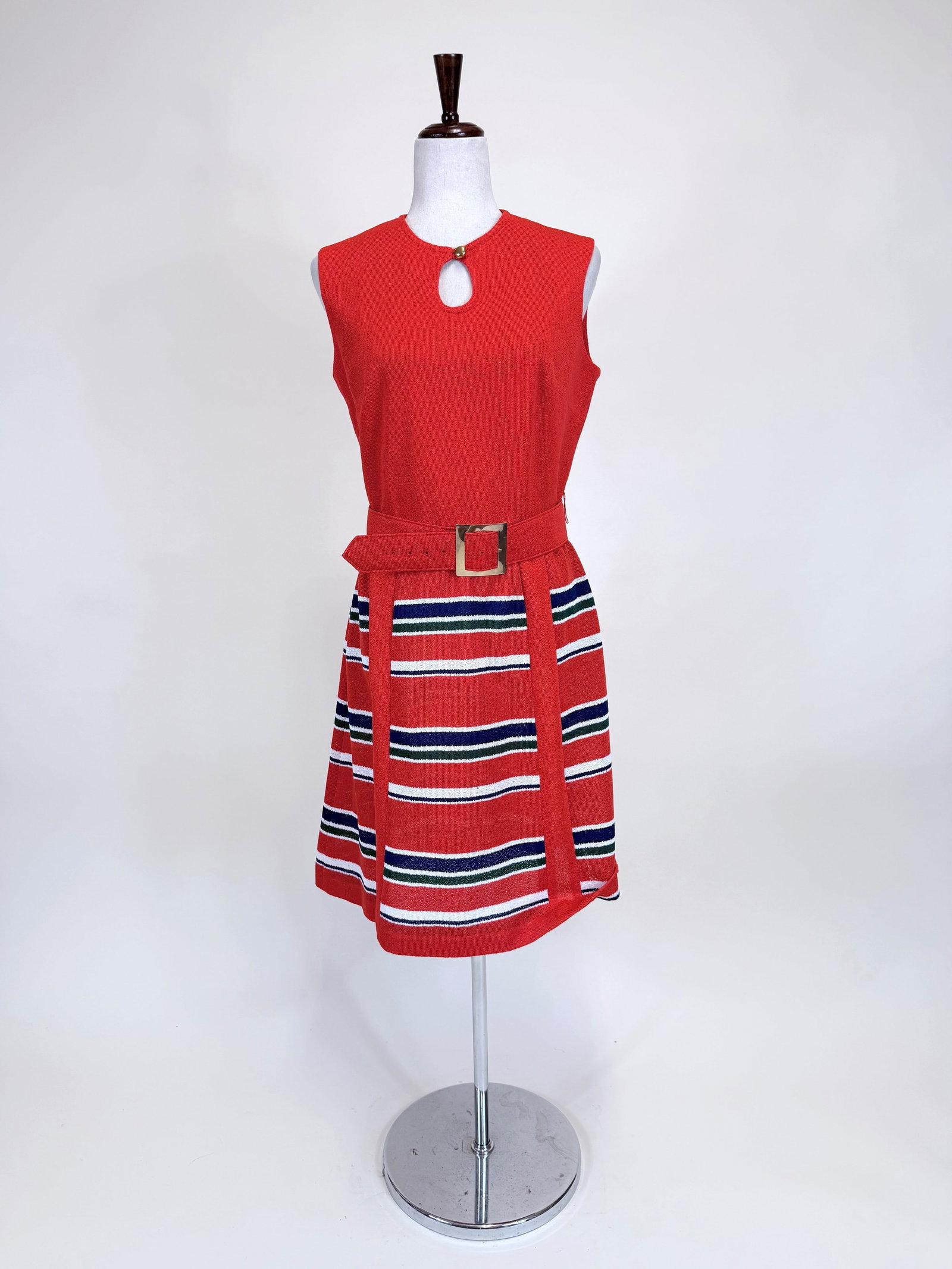 STRIPED SCARLET DAY DRESS, 1960s: w/ original belt, B 38", W 30", good condition, see photos