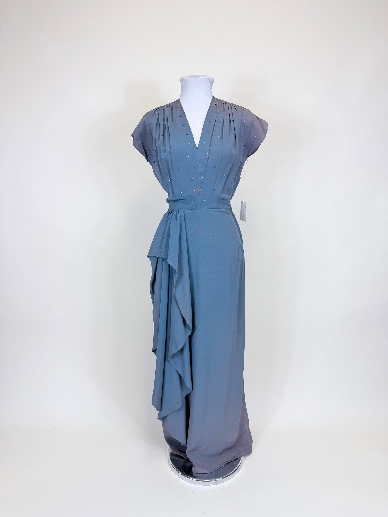 DU BERRY RHINESTONE STUDDED EVENING GOWN, 1940s: B 38", W 24", light discoloration, spot stains/fading to shoulders, see photos. Provenance: From the M. Estella Sprague Costume Collection