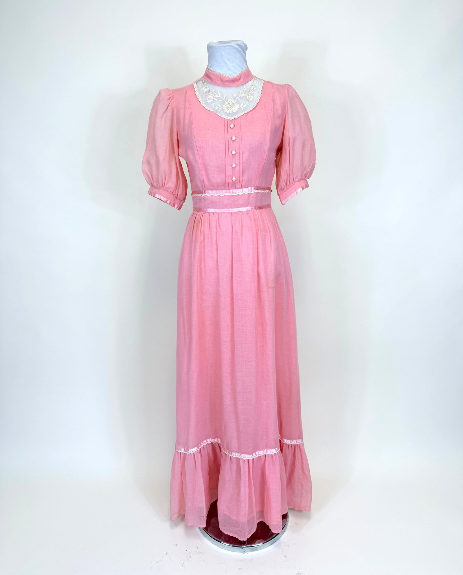 PINK VOILE MAXI DRESS, 1960s: B 34", W 25", spot staining/discoloration, see photos