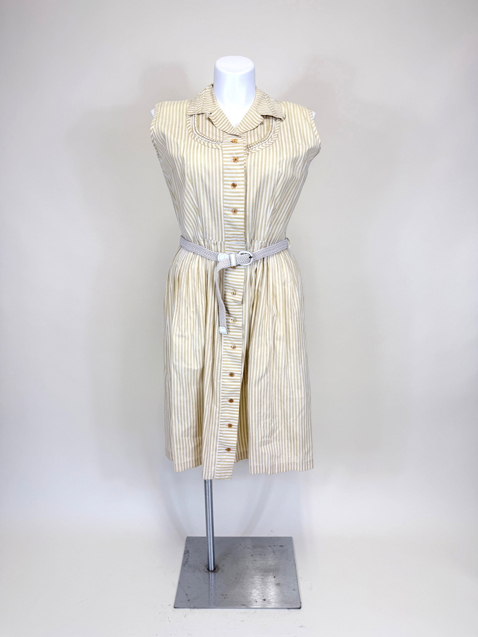 MUSTARD & WHITE STRIPED COTTON SUMMER DRESS, 1950s: B 42", W 32", good condition, belt possibly not original, see photos