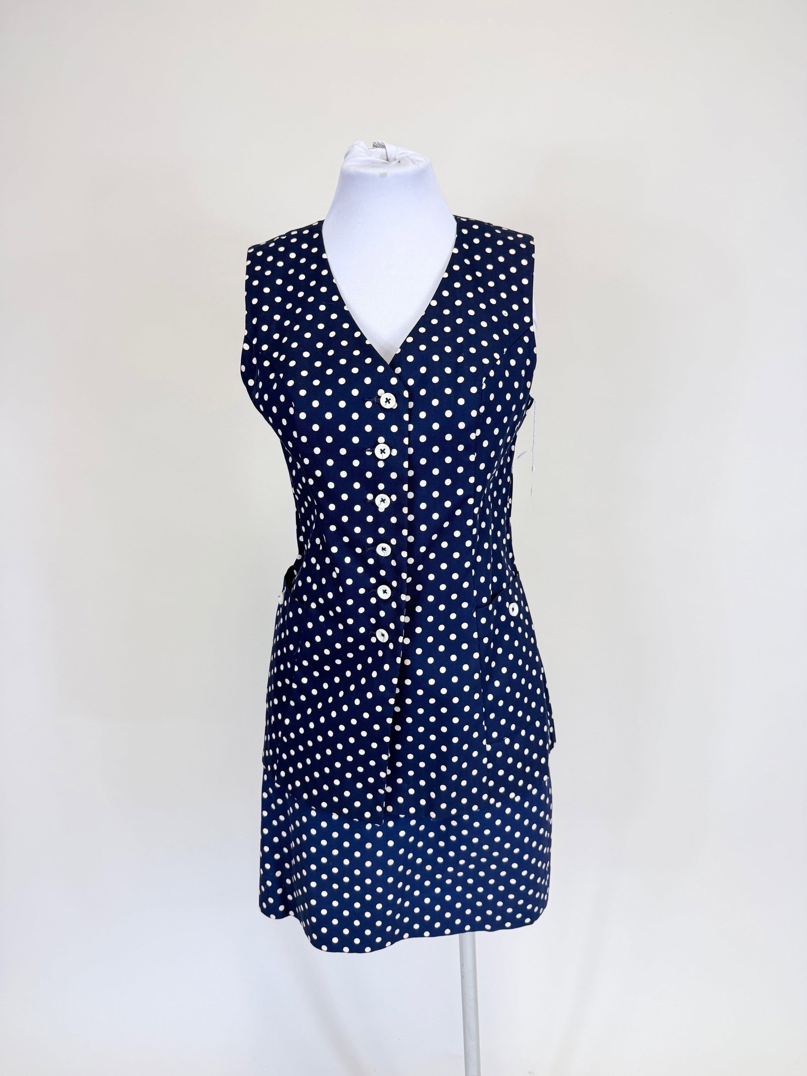TWO PIECE COTTON RESIST POLKA DOT ENSEMBLE, 1960s: Vest B 35", W 32", Skirt W 26". General light discoloration, see photos.
