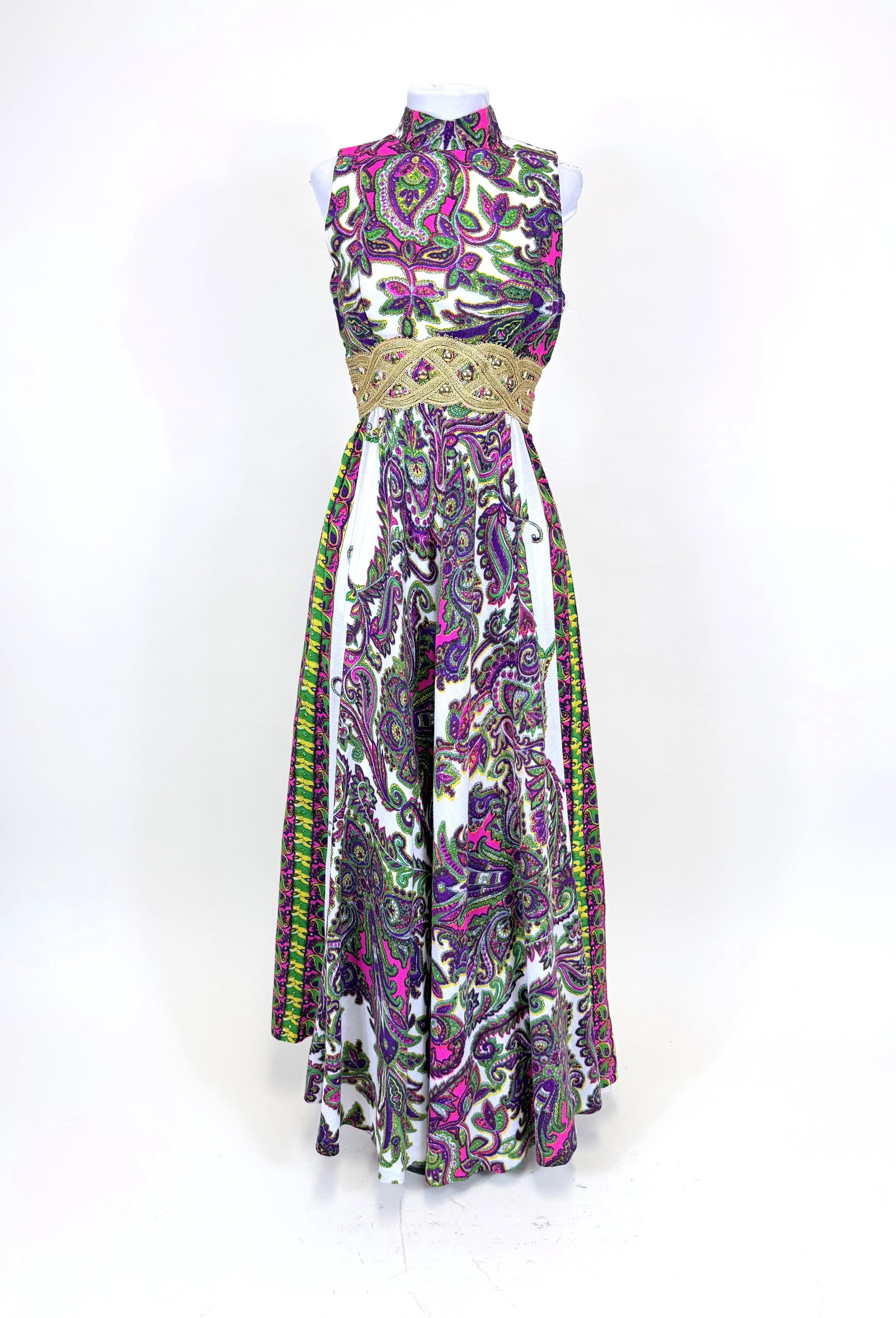PAISLEY PRINTED PARTY DRESS, 1970s: B 32", W 24", some discoloration lining, few pulls around closure, see photos. Good condition.