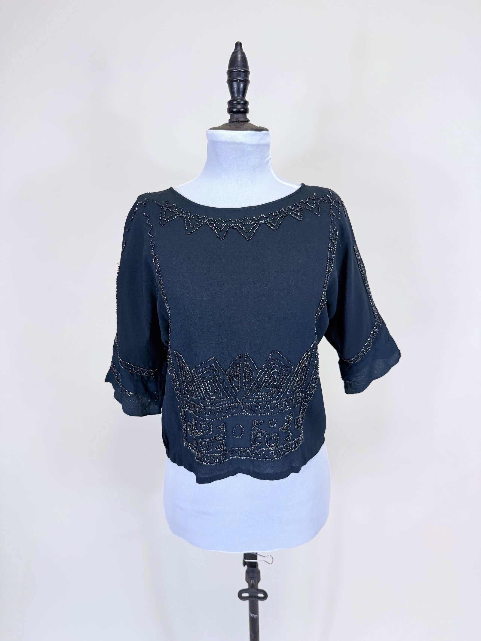 BEADED SILK CREPE BODICE, 1920s: B 40", W 36", some bead loss, especially to shoulders, see photos.