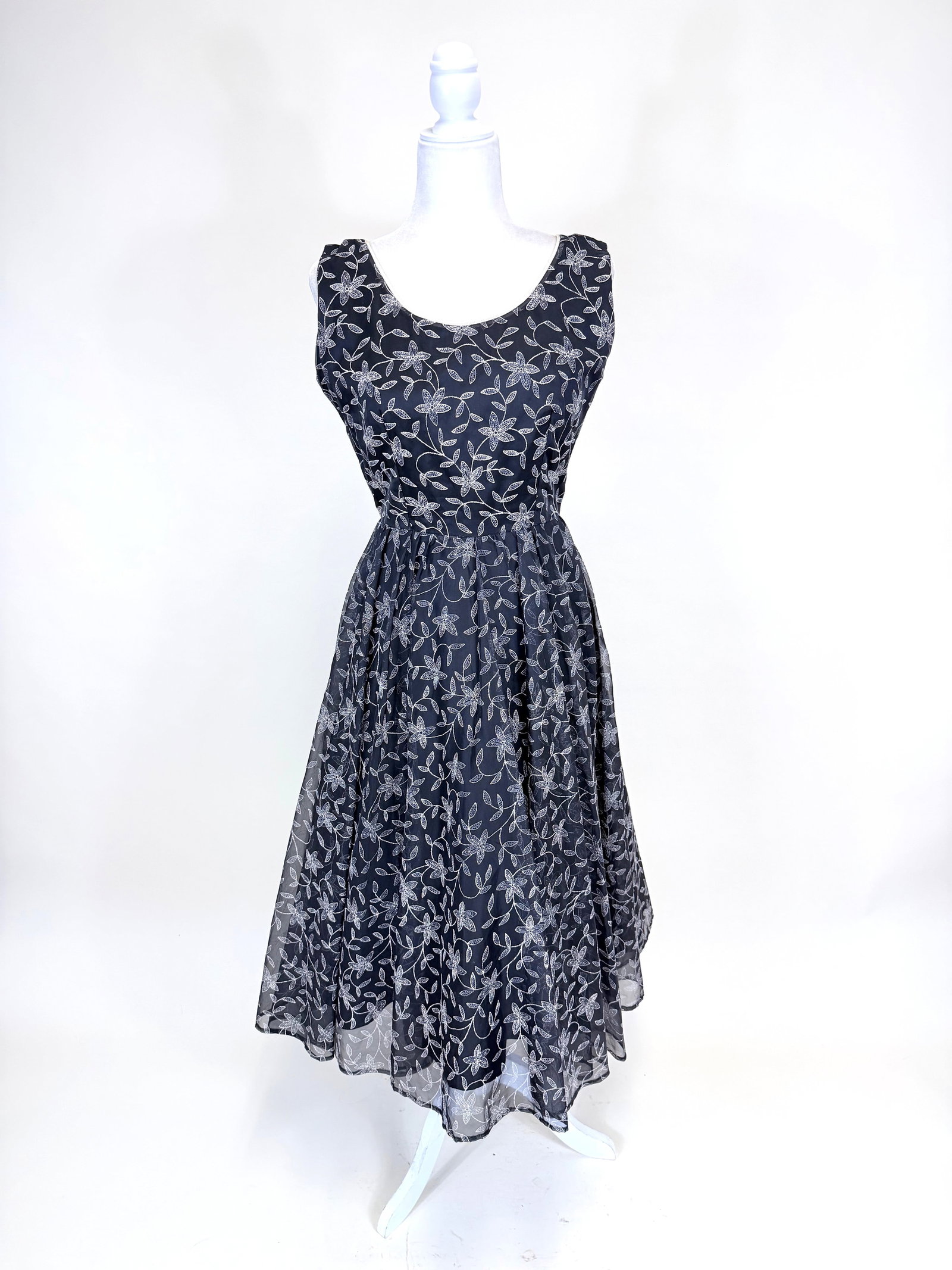 FLOCKED ORGANZA PARTY DRESS, 1950s: B 38", W 27", repair above zipper, some pulling at waist, general wear to flocking, see photos.