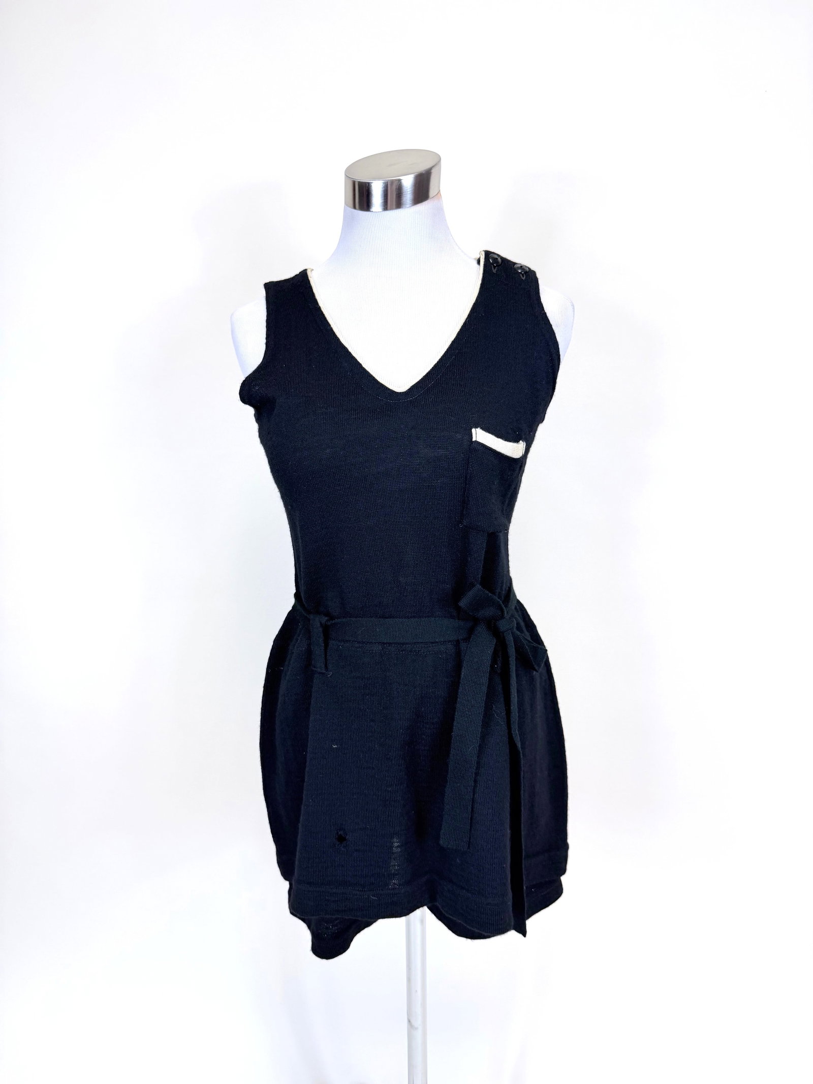 LADIES WOOL BATHING SUIT, LATE 1910s-EARLY 1920s: B 36", W 36", includes original tie belt. Seam opening at pocket, scattered small holes, one larger hole skirt, see photos