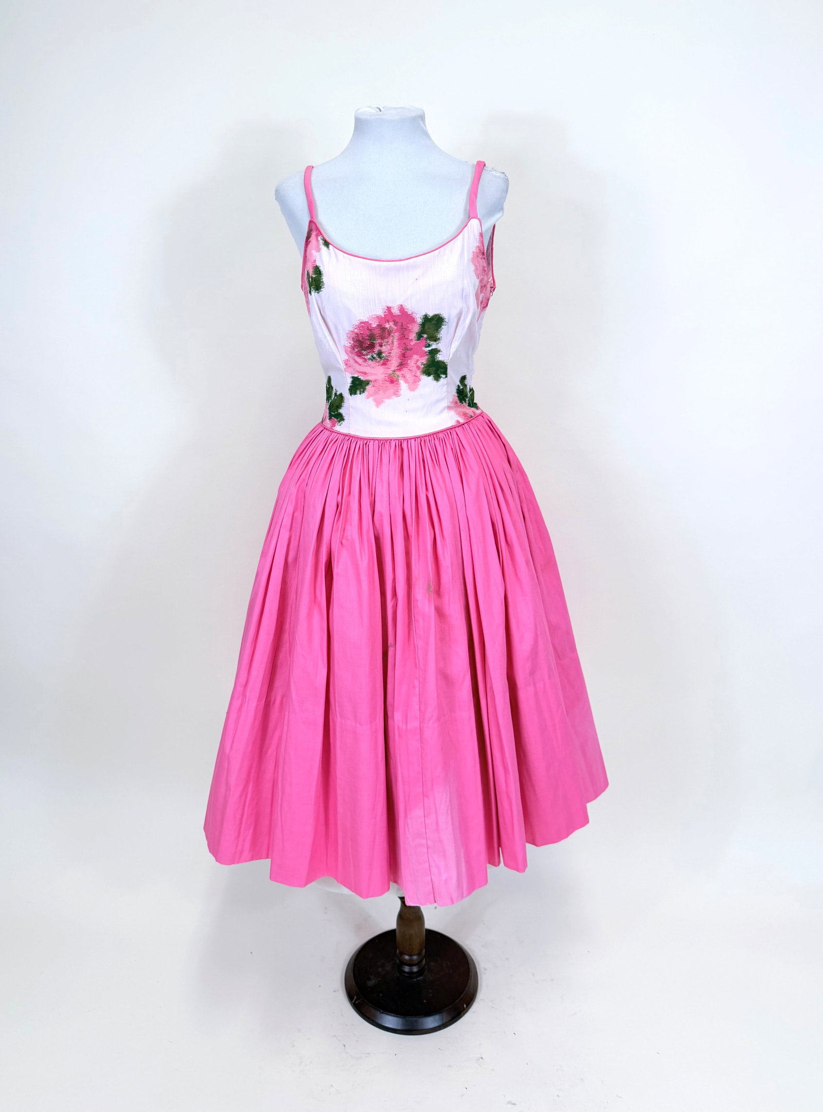 PINK CHINE COTTON SATEEN PARTY DRESS, 1950s: B 32", W 23", spot staining & fading to skirt, see photos. Provenance: From the M. Estella Sprague Costume Collection