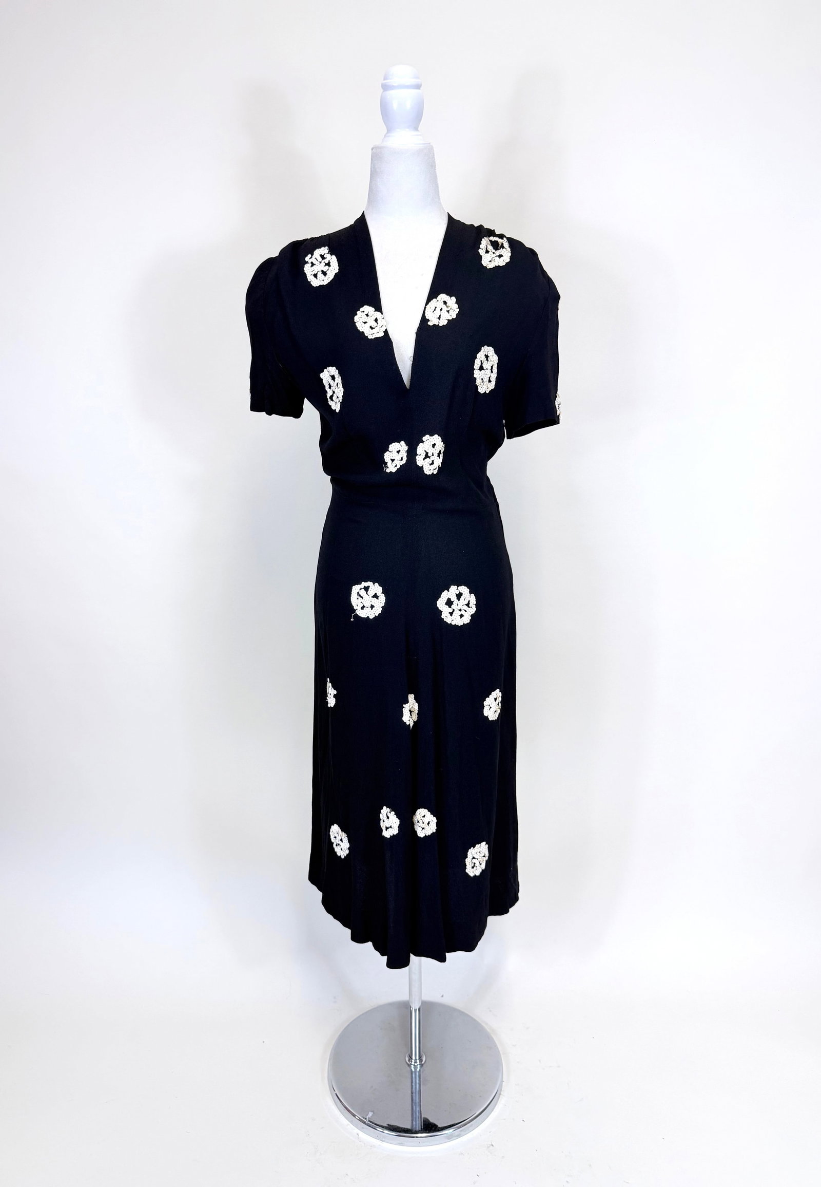 SEQUIN EMBROIDERED BLACK CREPE COCKTAIL DRESS, 1940s: B 37", W 28", seam opening CF, some sequin loss/pulls, see photos.