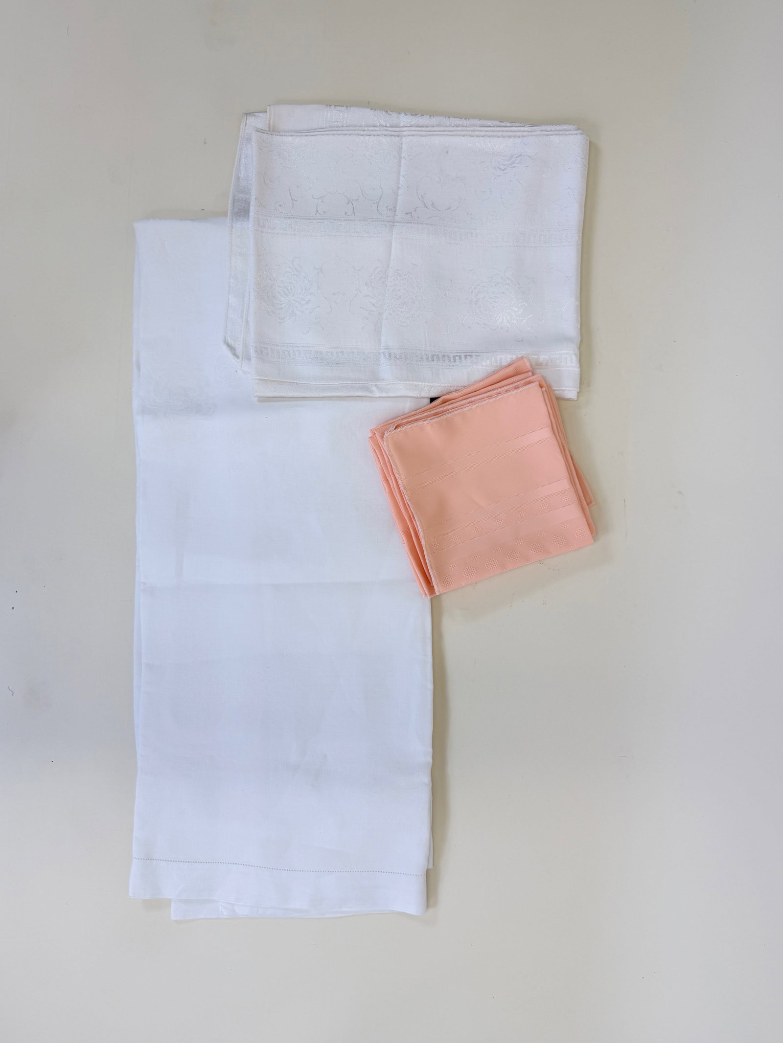THREE DAMASK OR ITALIAN HEMSTITCH HOUSEHOLD TEXTILES: Spot stains, see photos