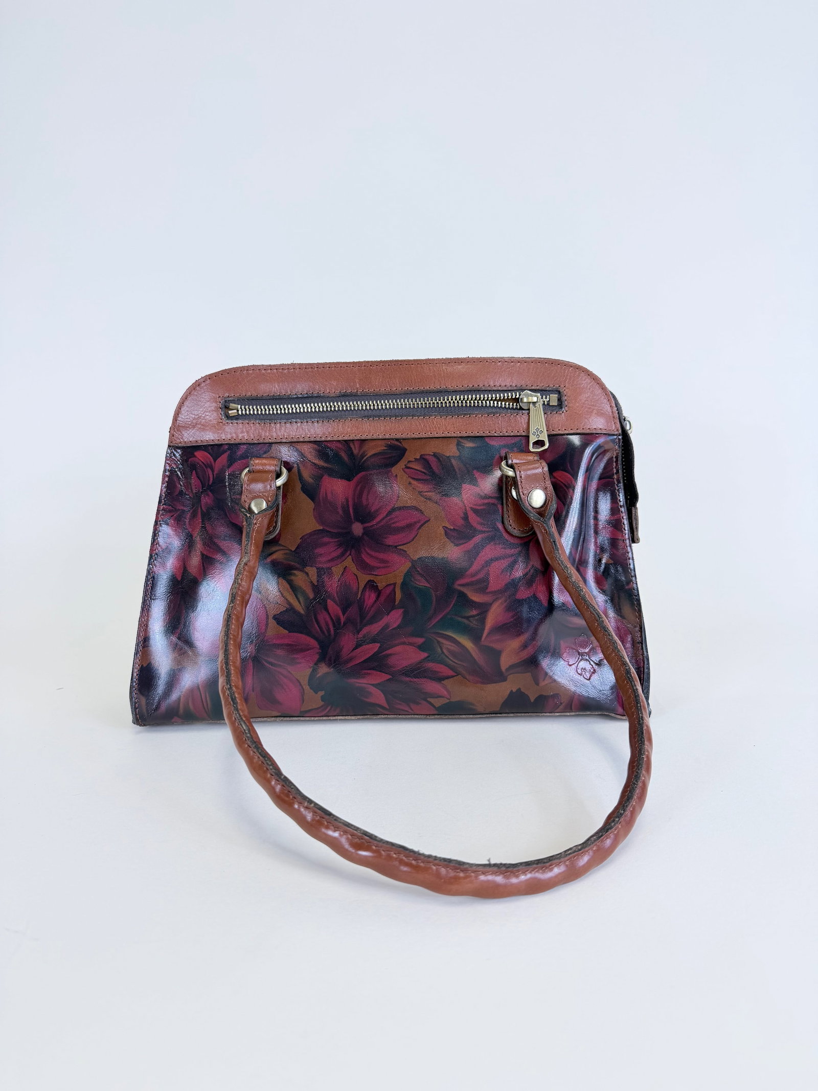 PATRICIA NASH FLORAL LEATHER HANDBAG: Light wear/staining to bottom, good condition, see photos