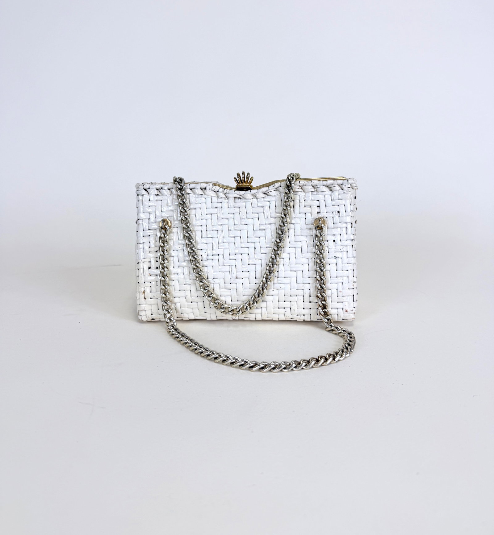 DORIAN CONTINENTAL WOVEN WICKER EVENING BAG, ITALY, 1950s: Light wear, staining/scuffs to interior, see photos