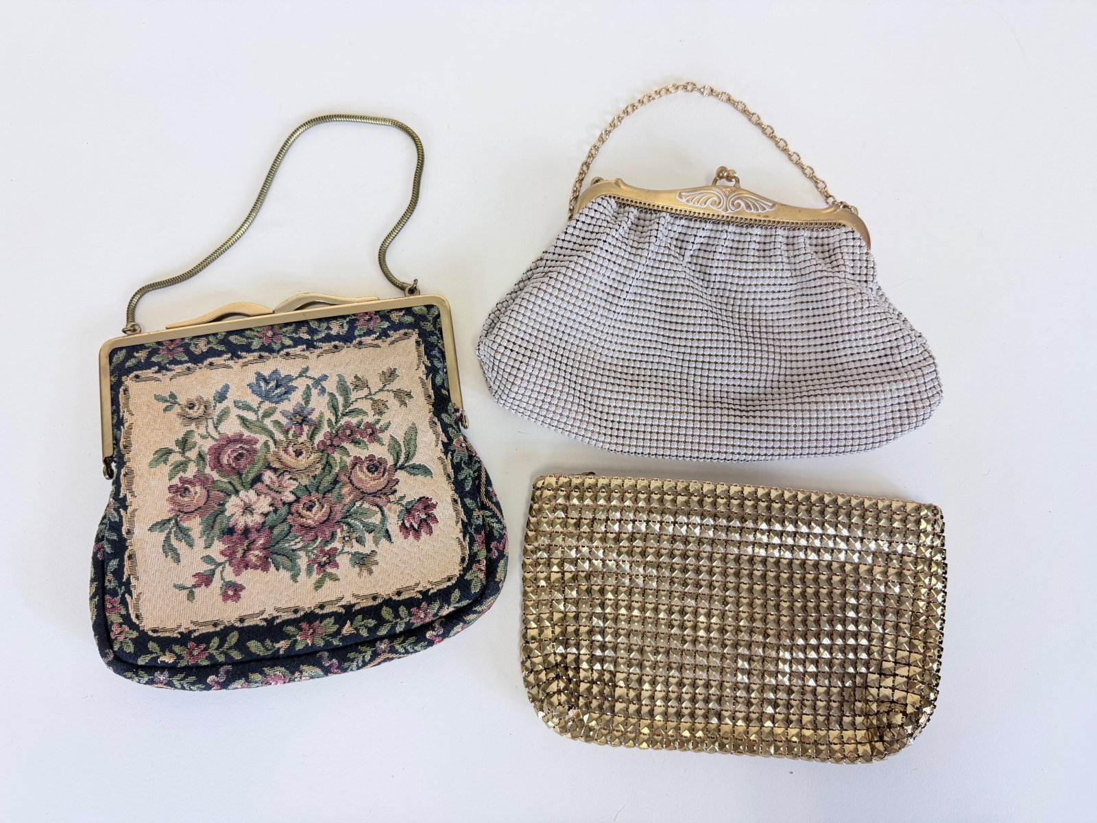 WHITING & DAVIS & UNLABELED EVENING BAGS, 1950s-1960s: Light wear/discoloration, brass bag missing pull on zipper, see photos