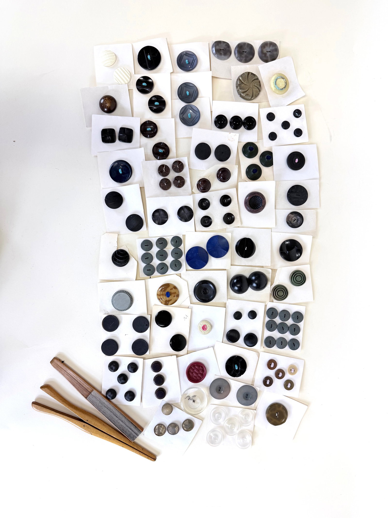 LARGE LOT OF BUTTONS, MID-LATE 20TH C: Together w/ glove stretcher & fan, as is condition, see photos