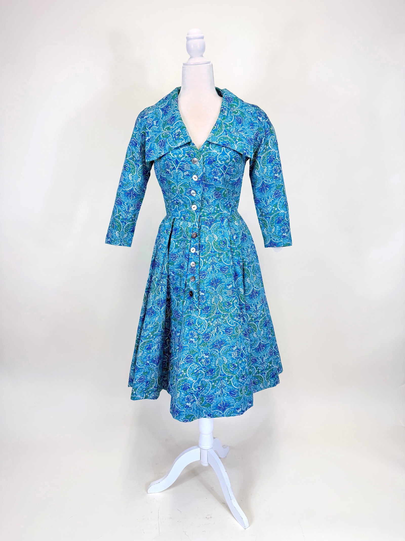 MARIE FRANCE PRINTED SILK FAILLE COAT DRESS, 1950s: B 36", W 26", discoloration to lining, see photos. Provenance: From the M. Estella Sprague Costume Collection