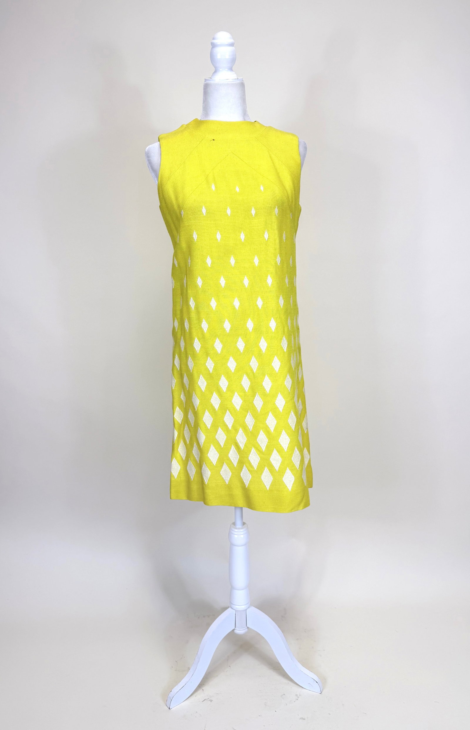 EMBROIDERED CANARY YELLOW LINEN SHEATH DRESS, LATE 1960s (1 of 7)