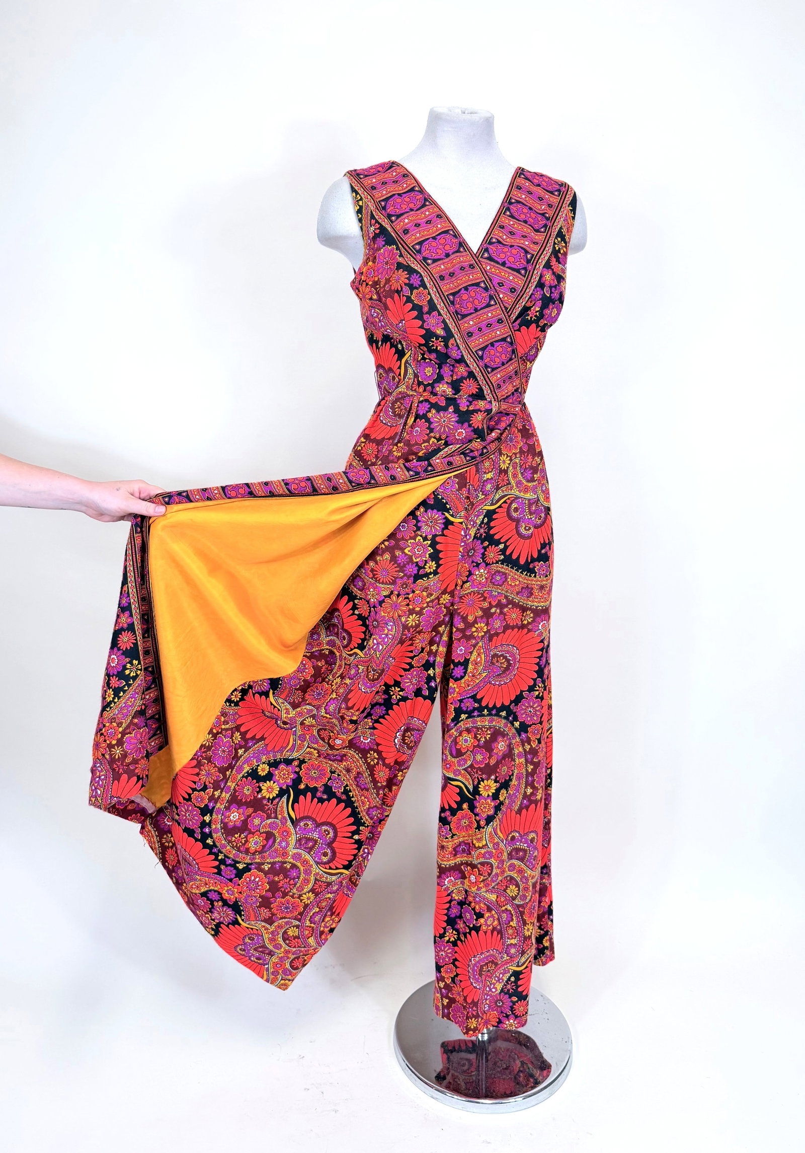PSYCHEDELIC FLORAL PRINTED JUMPSUIT, 1970s: B 36", W 27", some wear at underarm, some piling, see photos.