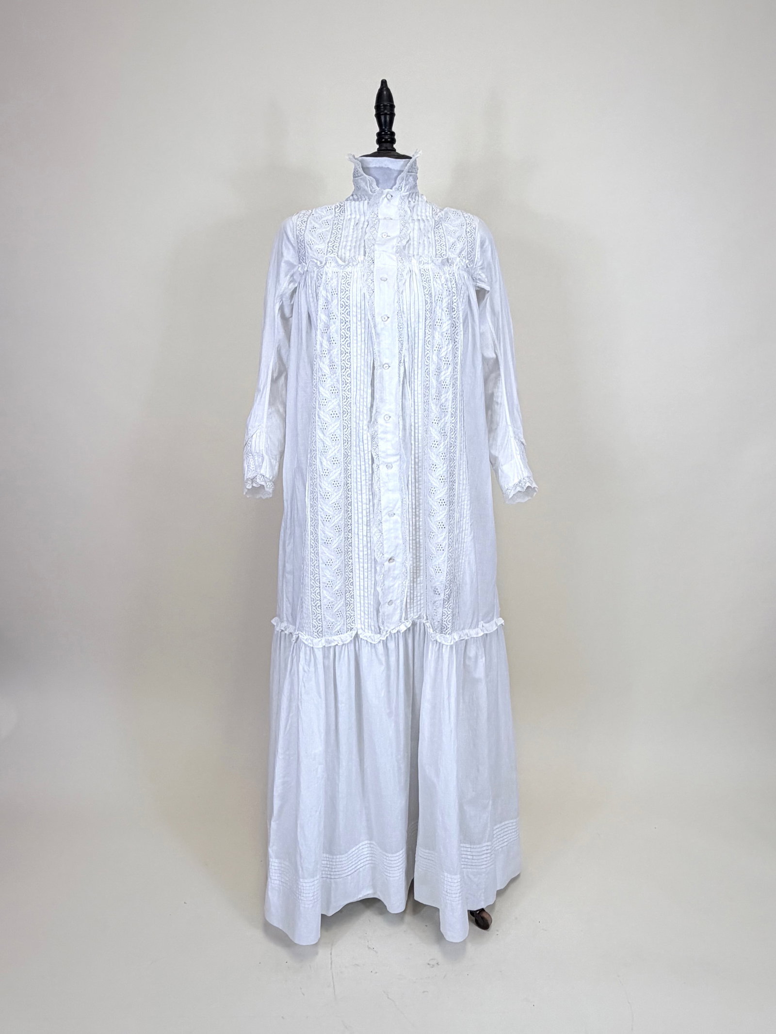 EMBROIDERED & TUCKED FINE LINEN NIGHTGOWN, 1880s: SH-SH 16.5", L 54.5", some dark residue back of skirt, few tiny dark spot stains, see photos.