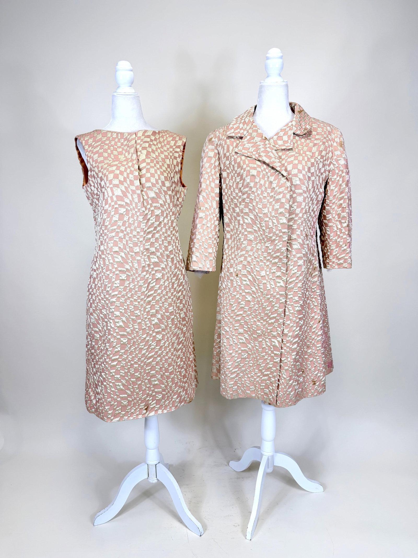 TWO PIECE NOVELTY LAME' CHECKERBOARD ENSEMBLE, 1960s: Dress B 38", W 36", Coat SH-SH 19", L 37", spot stains, see photos.