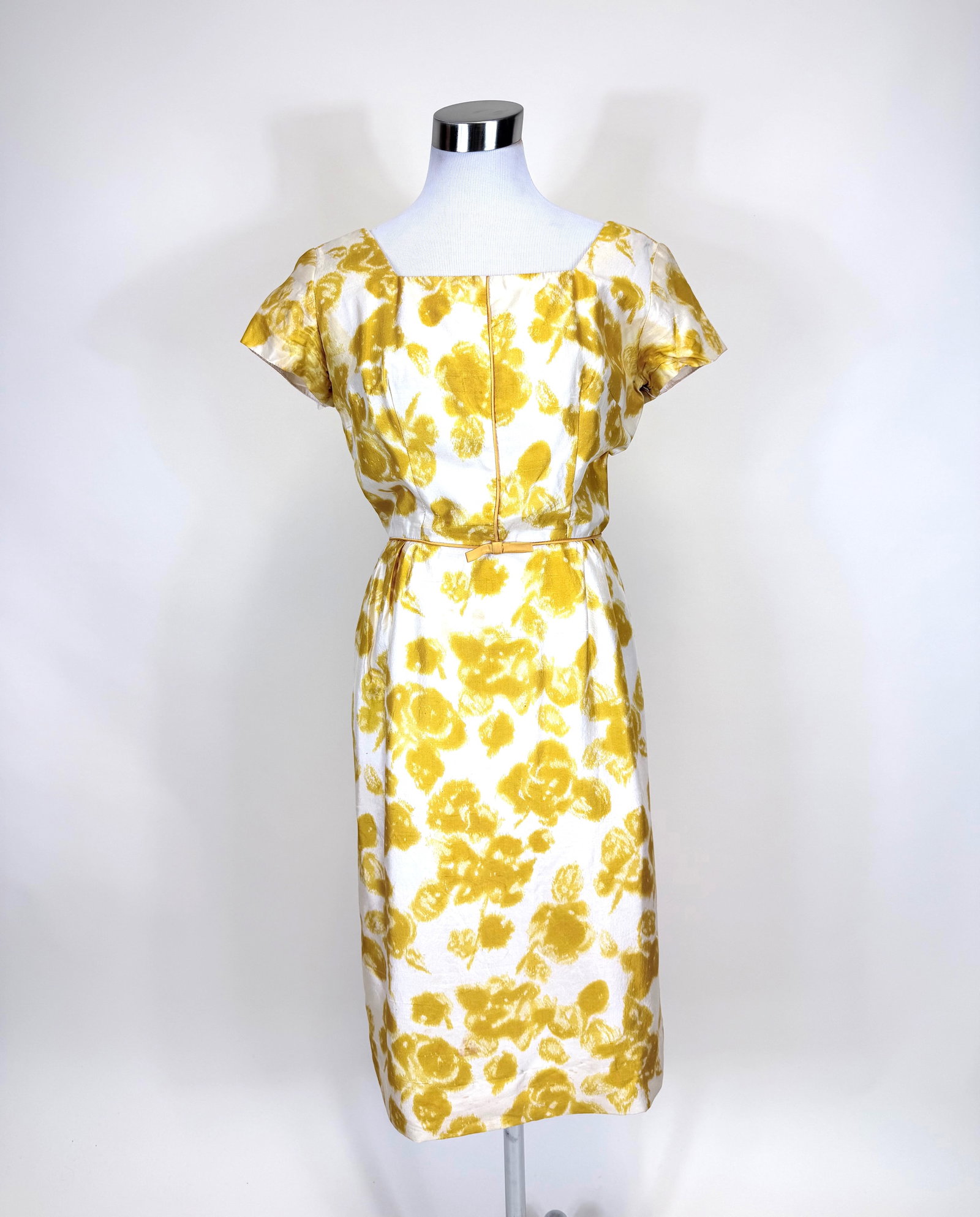 YELLOW CHINE FLORAL PRINT SILK PARTY DRESS, 1950s: B 38", W 25", some discoloration & wrinkling underarms, scattered small spot stains, see photos.