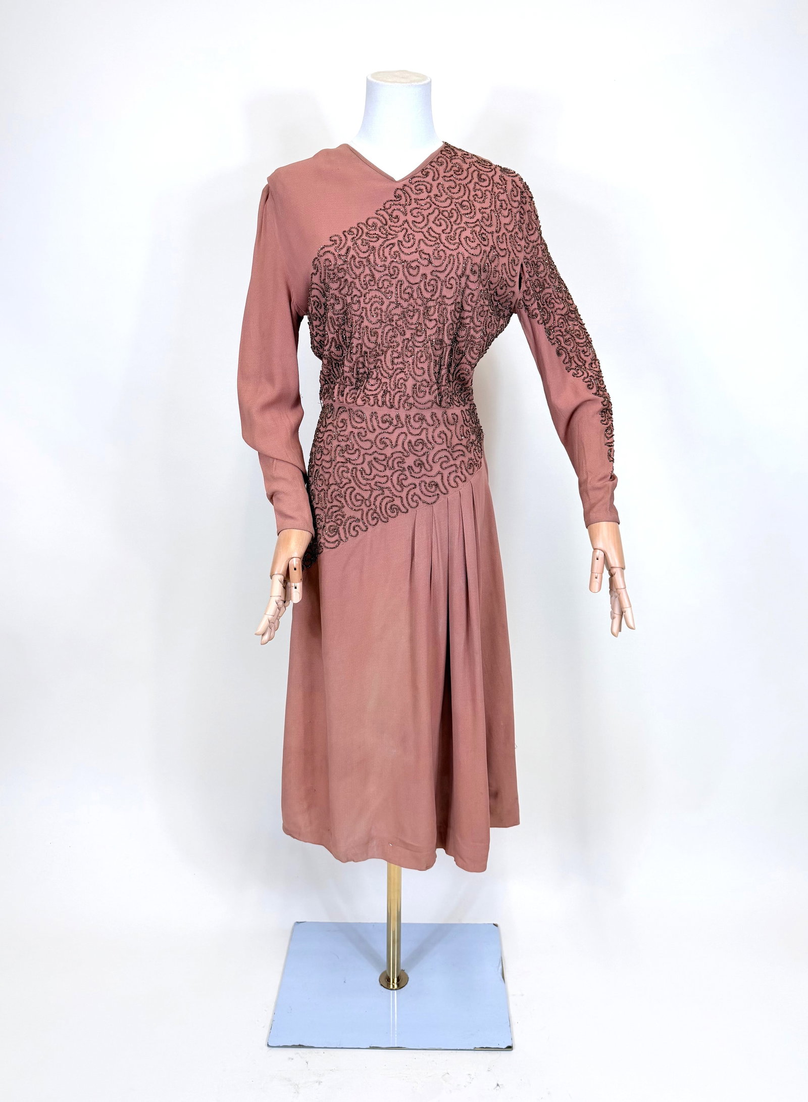 BRONZE BEADED CREPE DINNER DRESS, 1940s (1 of 8)