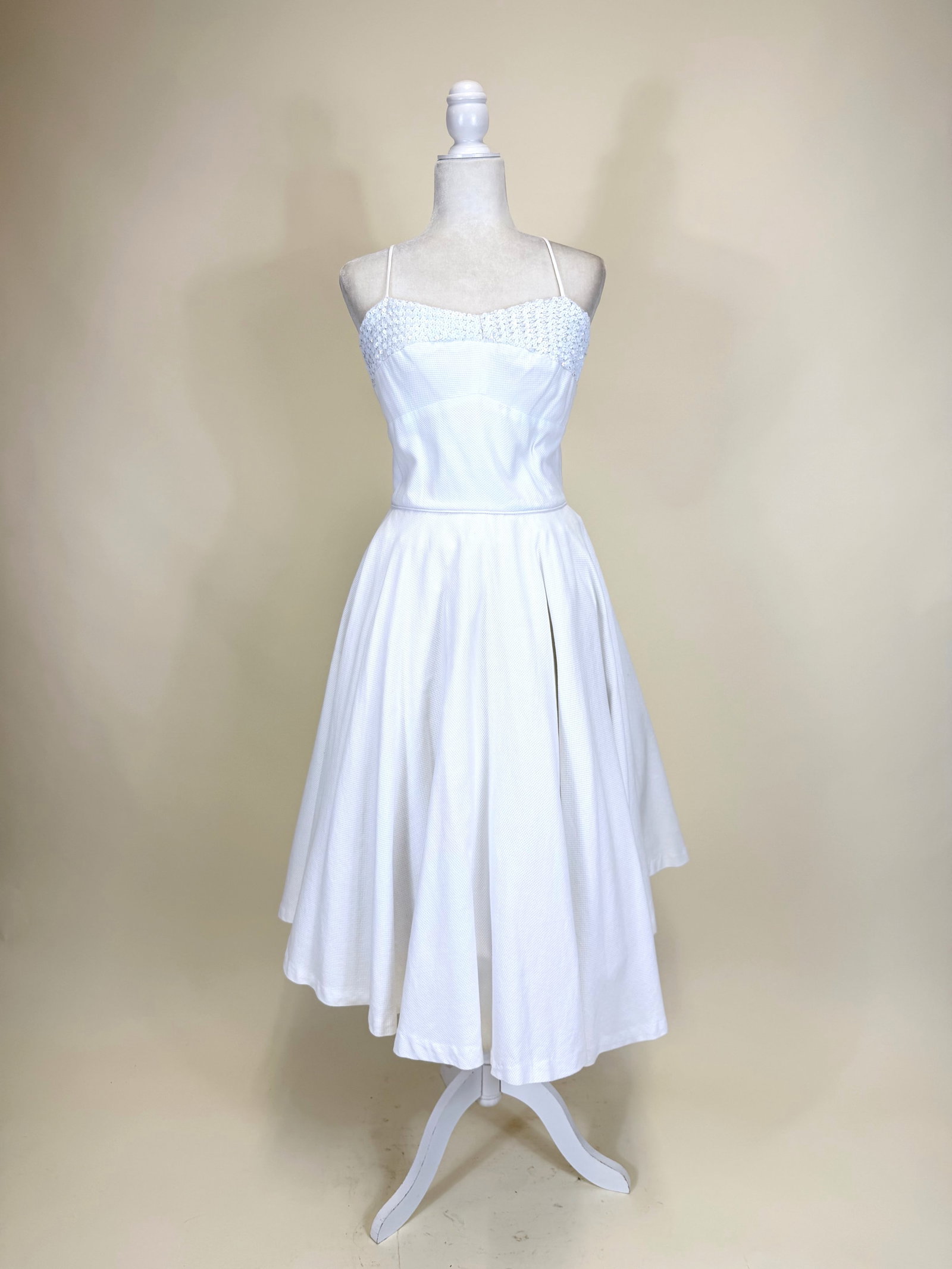 SEQUINED COTTON PIQUE PARTY DRESS, 1950s: B 36", W 26", very light fraying at underarms, good condition, see photos.