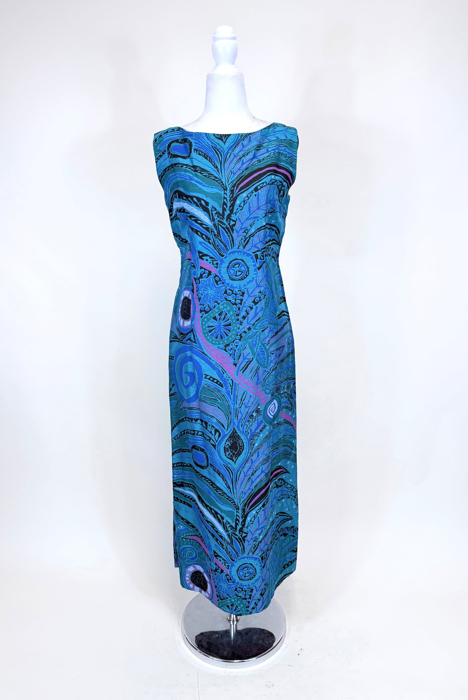 PRINTED SILK SHANTUNG SHEATH DRESS, 1960s (1 of 6)
