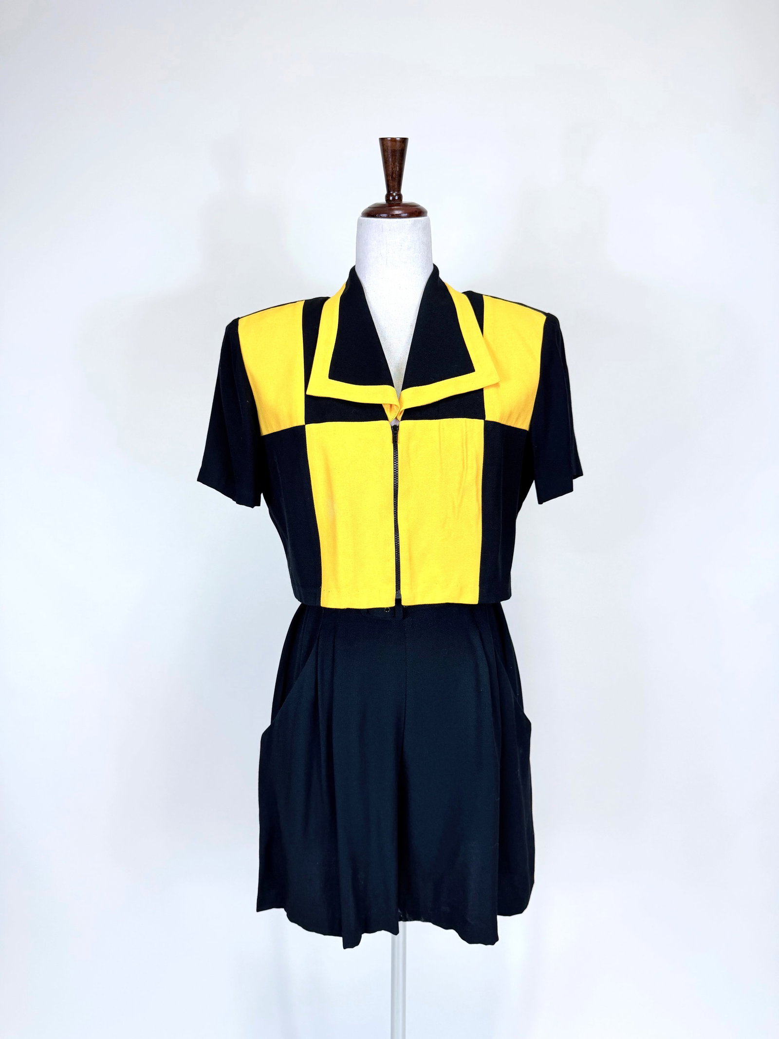BLACK & YELLOW COLORBLOCK TWO PIECE ROMPER ENSEMBLE, 1980s (1 of 7)