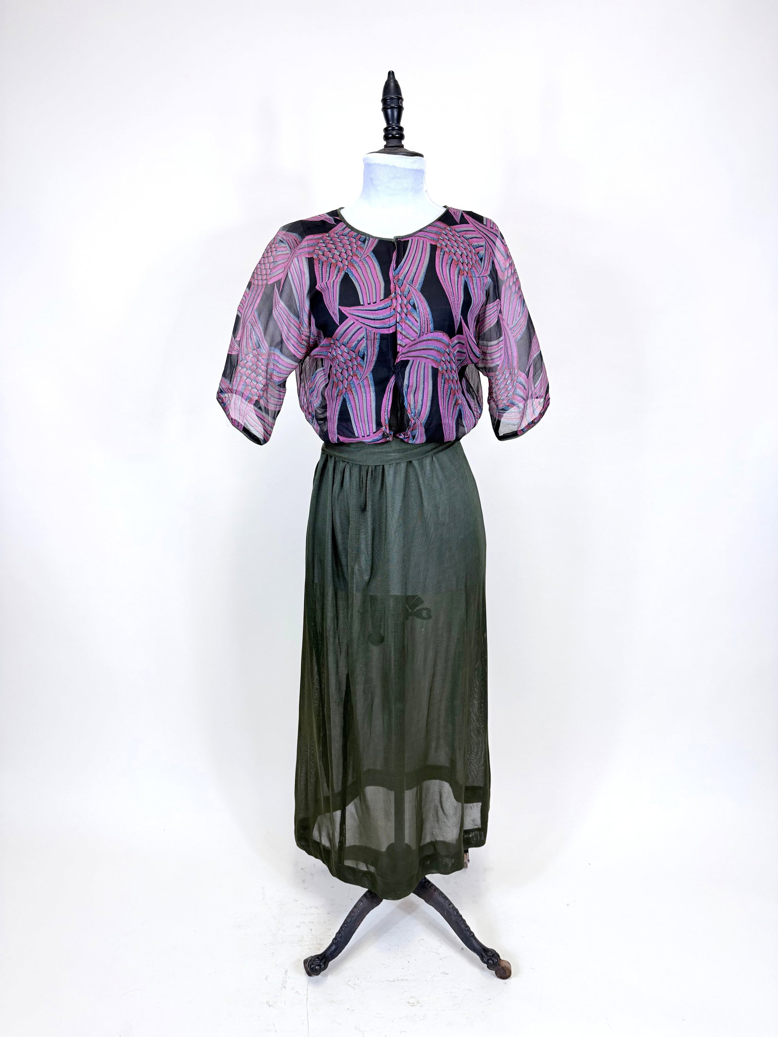 PRINTED SILK CHIFFON AND KNIT DRESS, 1940s: B 40", W 24", remade from elements of 1910s underdress.