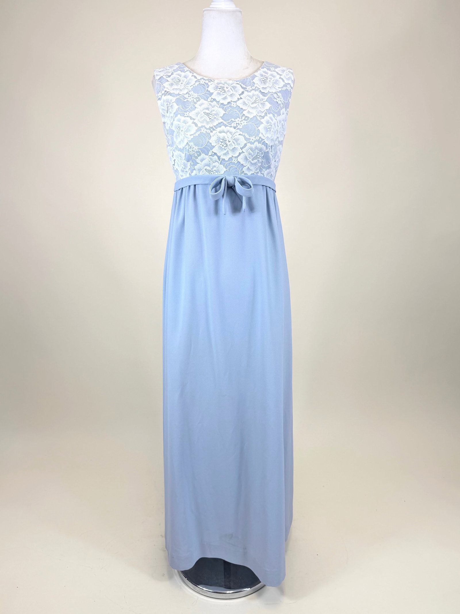 BABY BLUE CREPE & WHITE LACE EVENING DRESS, 1960s: B 35", W 28", some underarm staining, few light spot stains skirt, see photos.
