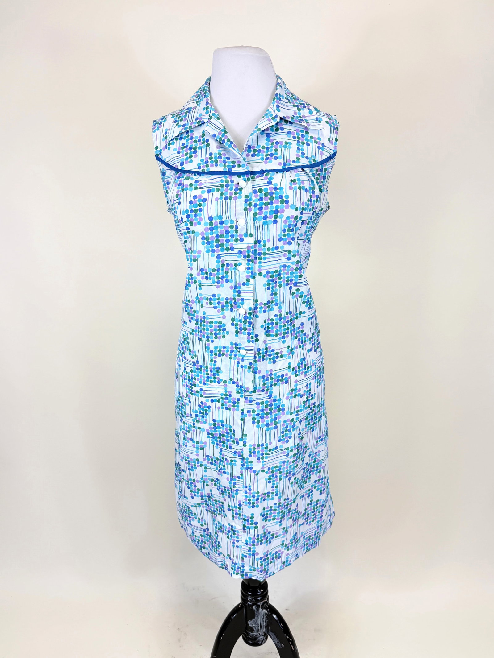 DOT & DASH PRINTED HOUSE DRESS, 1960s: B 40", W 38", broad light discoloration, see photos