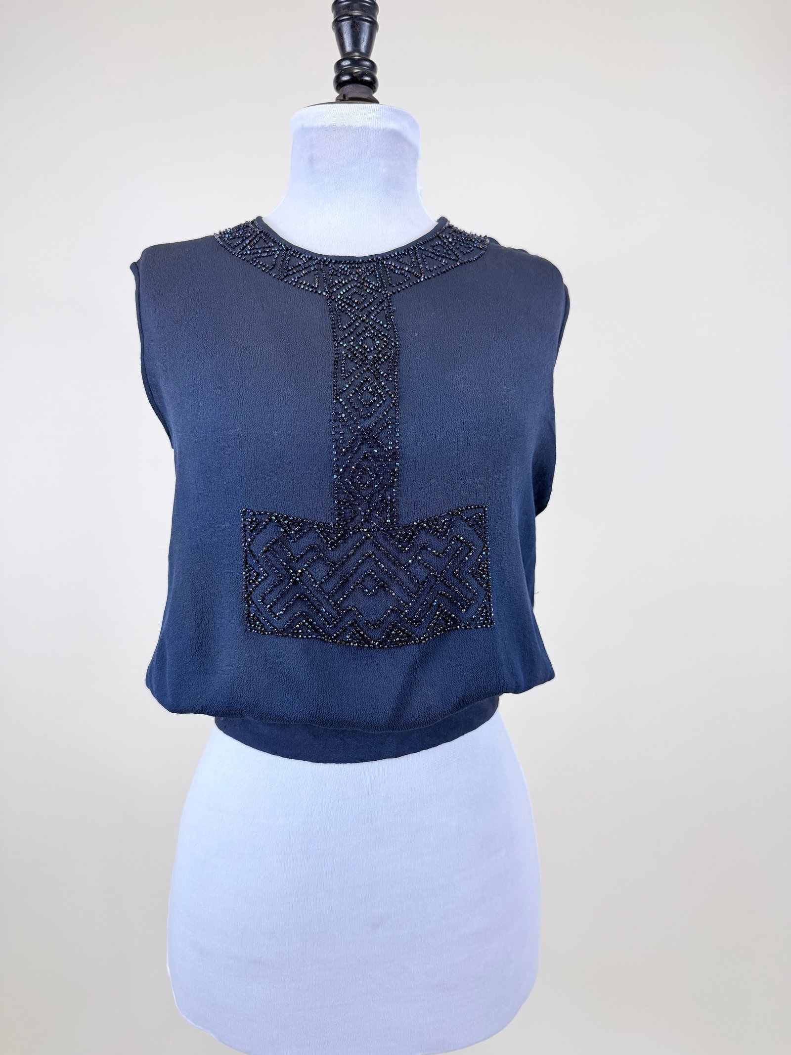 BEADED NAVY SILK CREPE BODICE, LATE 1910s-EARLY 1920s: B 37", W 28", very minor bead loss, see photos
