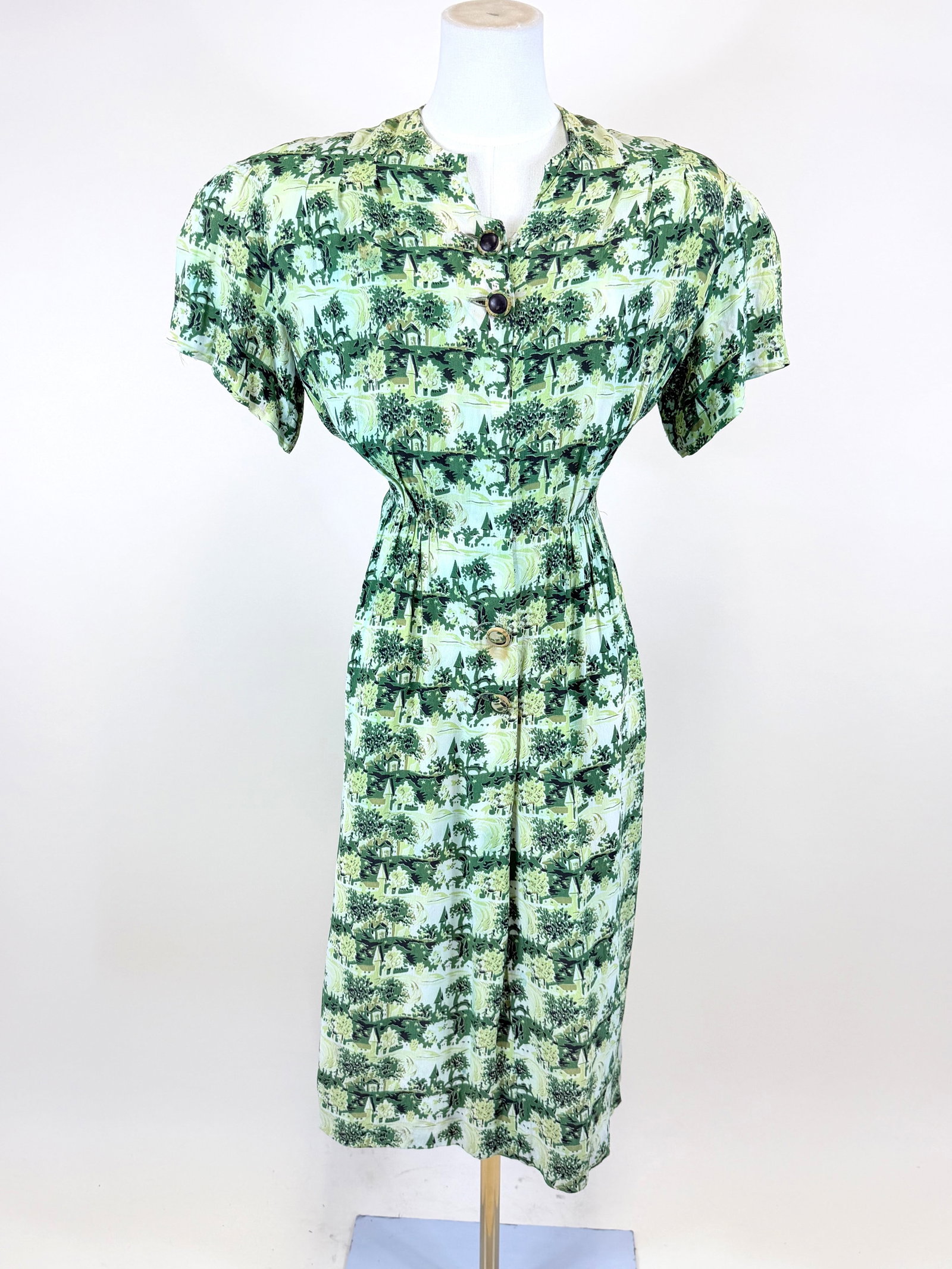 GREEN PRINTED CREPE DAY DRESS, 1940s (1 of 10)