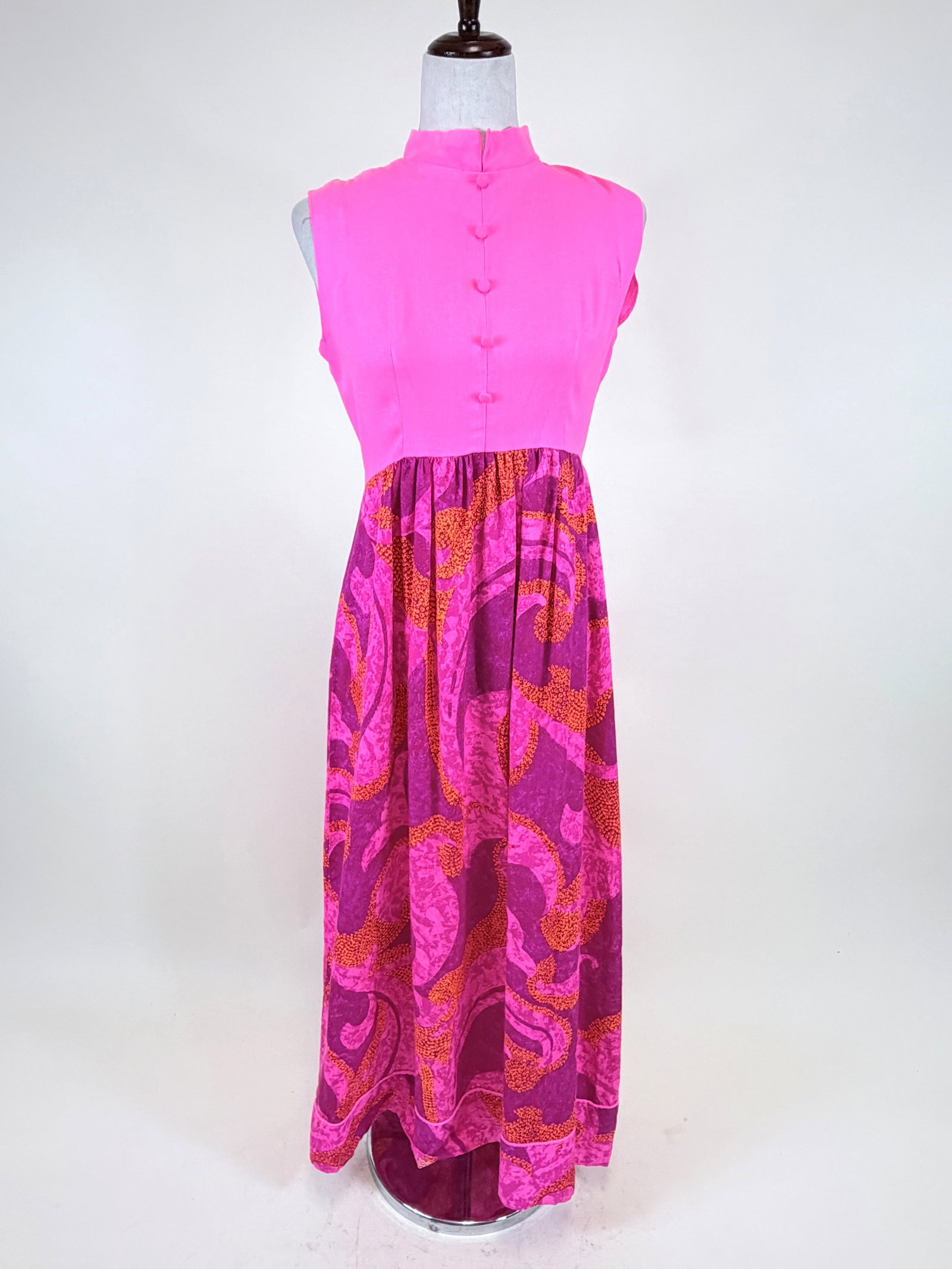 HOT PINK & PSYCHEDELIC PRINTED PARTY DRESS, 1960s: B 36", W 30", fading at shoulder, see photos
