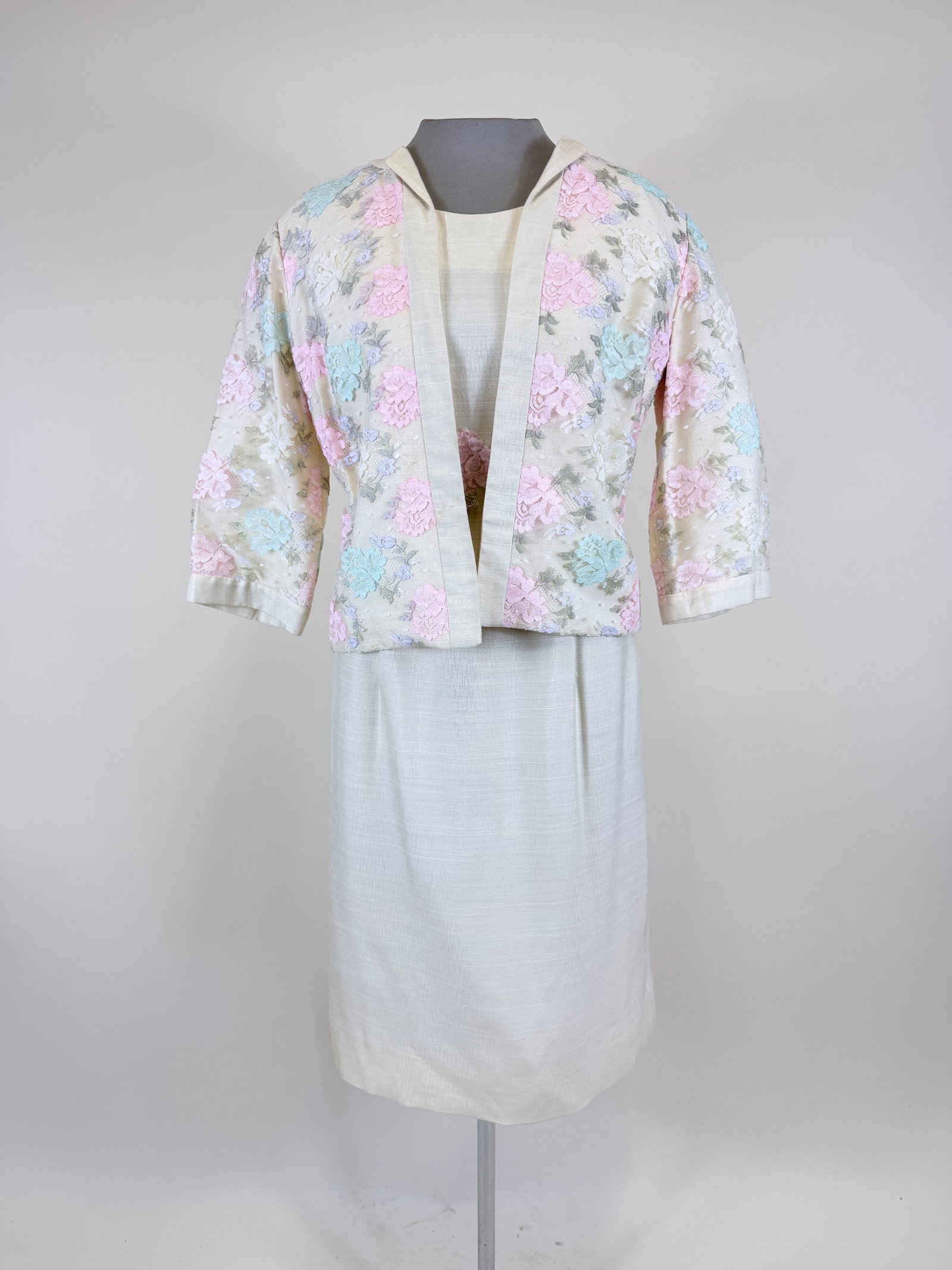 TWO PIECE RAW SILK & LACE ENSEMBLE, 1960s (1 of 9)