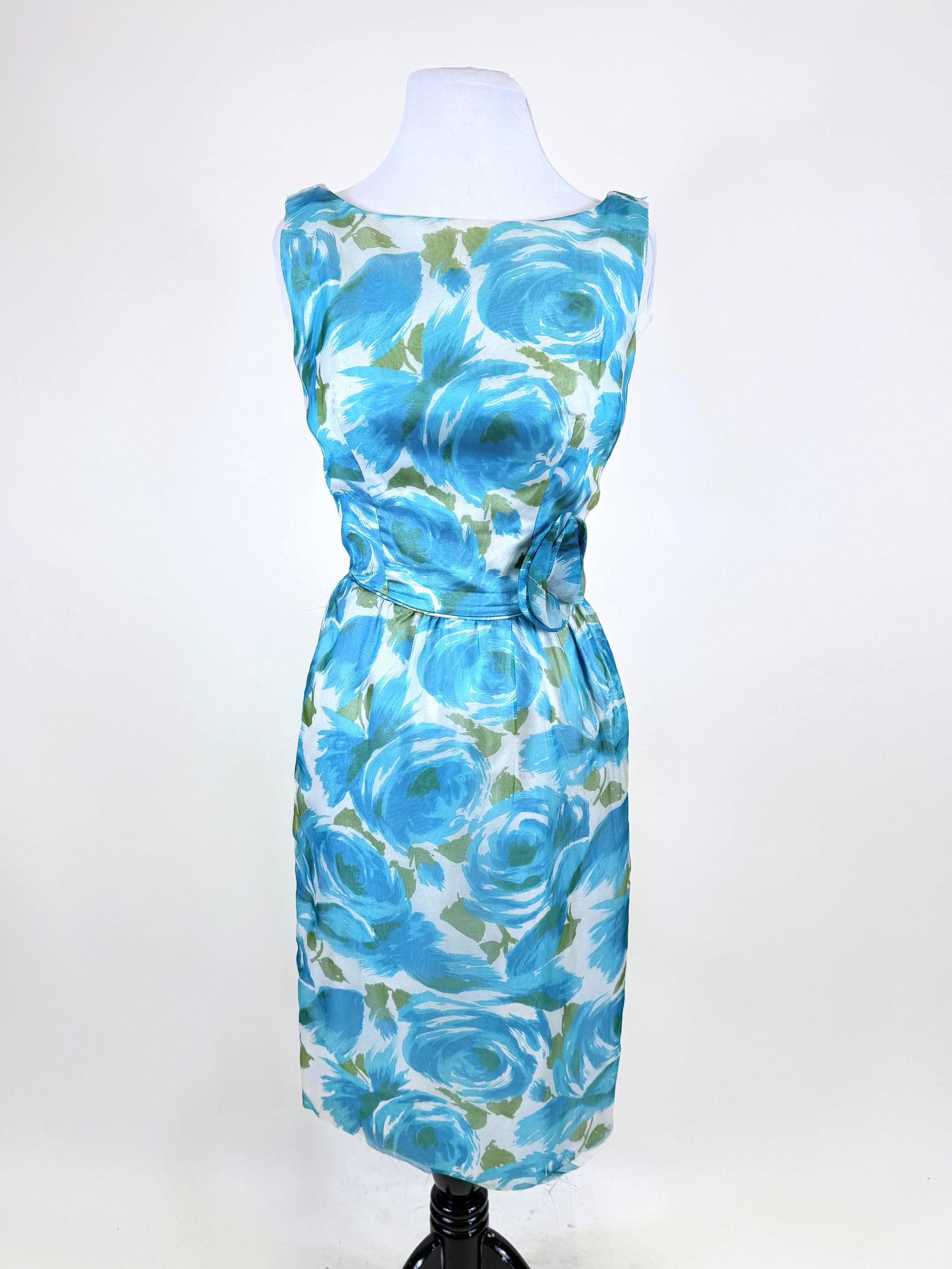 PRINTED SILK ORGANZA PARTY DRESS, 1960s: B 37", W 24", holes, splits & tears to organza overlay, see photos