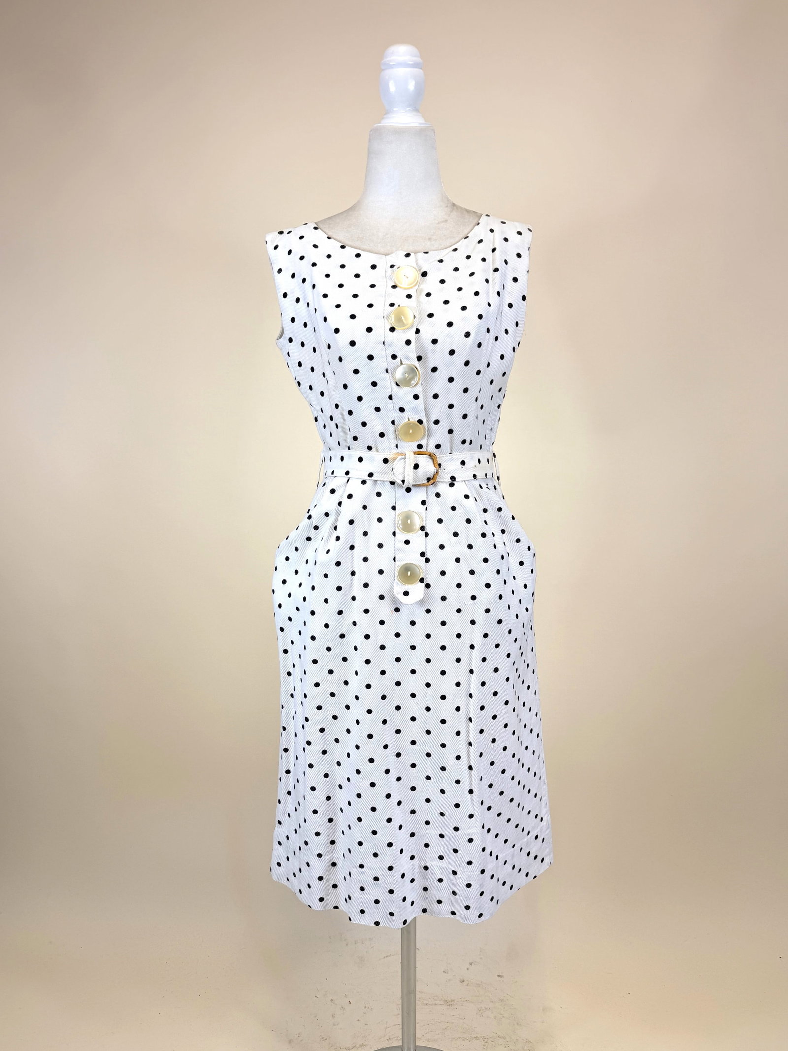 COTTON WAFFLE WEAVE POLKA DOT DAY DRESS, 1960s: B 38", W 28", staining to belt, light stains center front dress, see photos